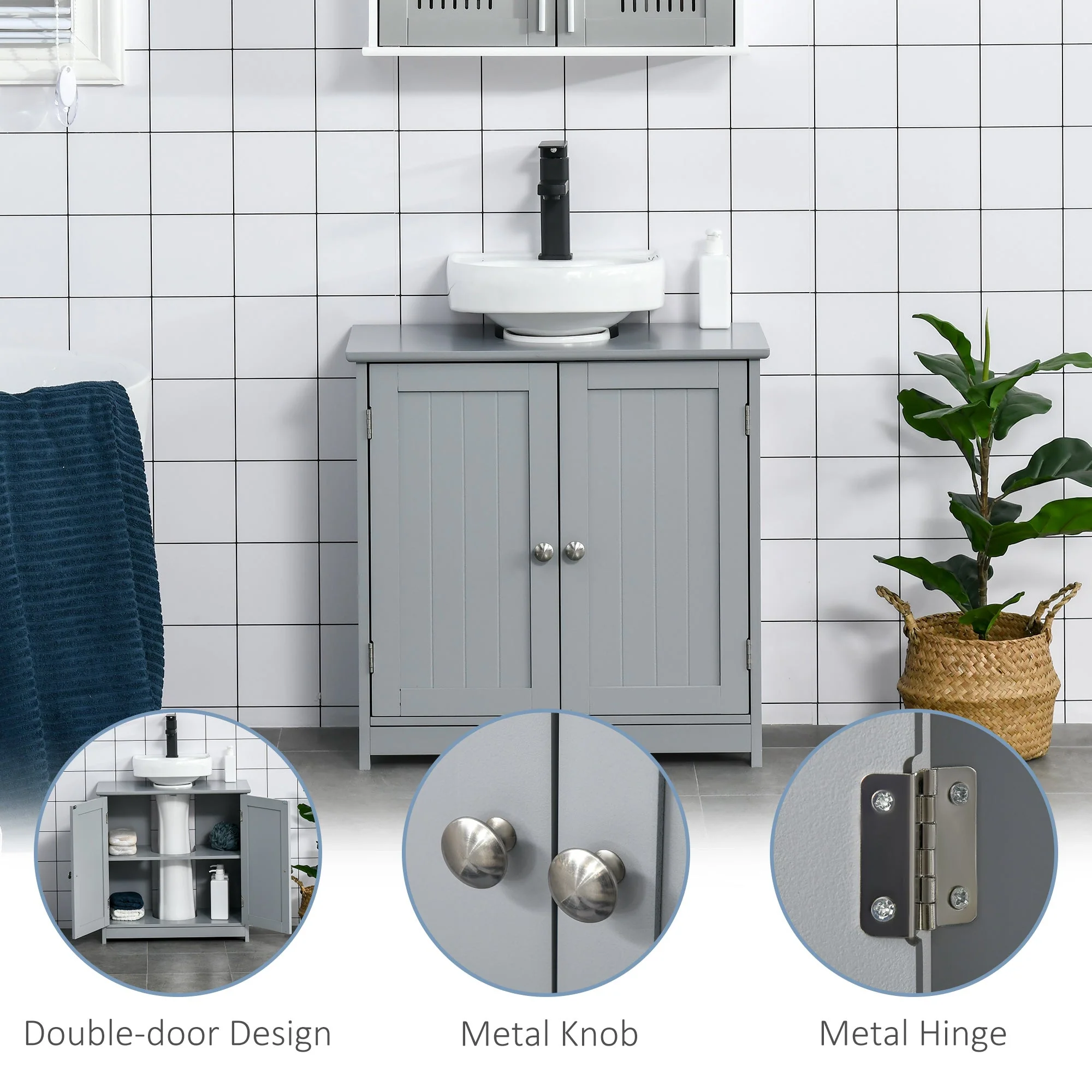 kleankin 60x60cm Under-Sink Storage Cabinet w/ Adjustable Shelf Handles Drain Hole Bathroom Cabinet Space Saver Organizer Grey - Image 7