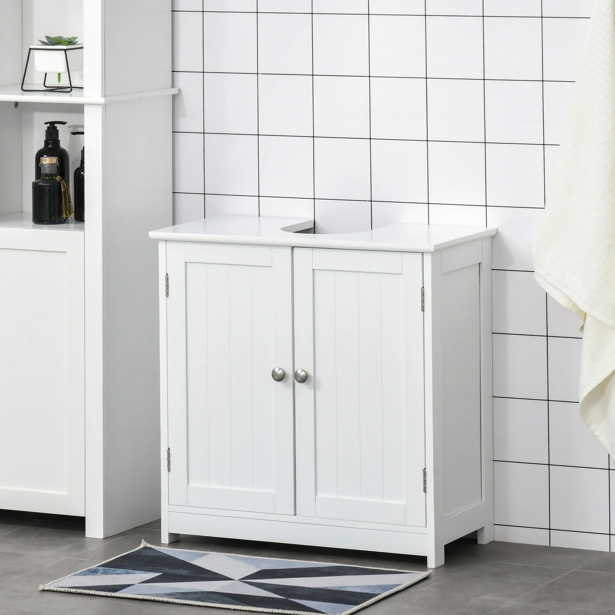 kleankin 60x60cm Under-Sink Storage Cabinet w/ Adjustable Shelf Handles Drain Hole Bathroom Cabinet Space Saver Organizer White - Image 2