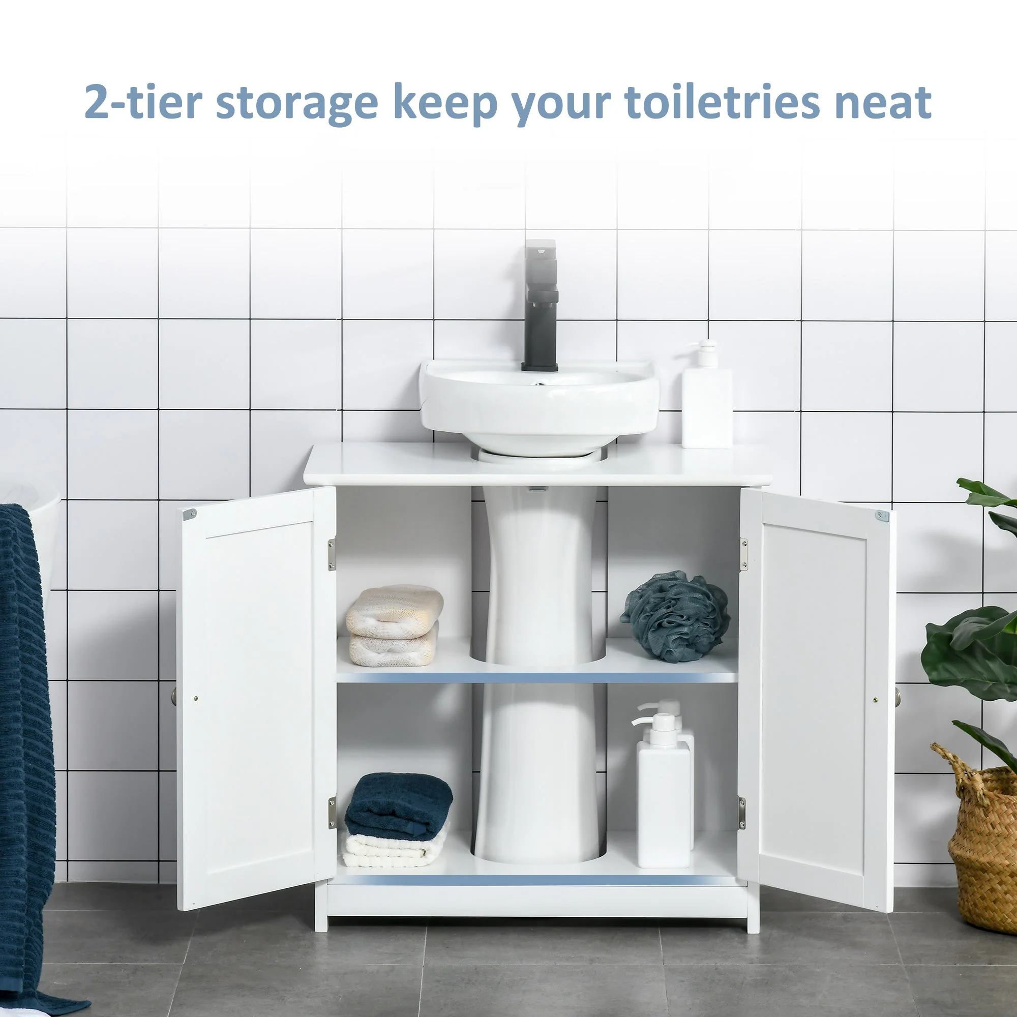 kleankin 60x60cm Under-Sink Storage Cabinet w/ Adjustable Shelf Handles Drain Hole Bathroom Cabinet Space Saver Organizer White - Image 4