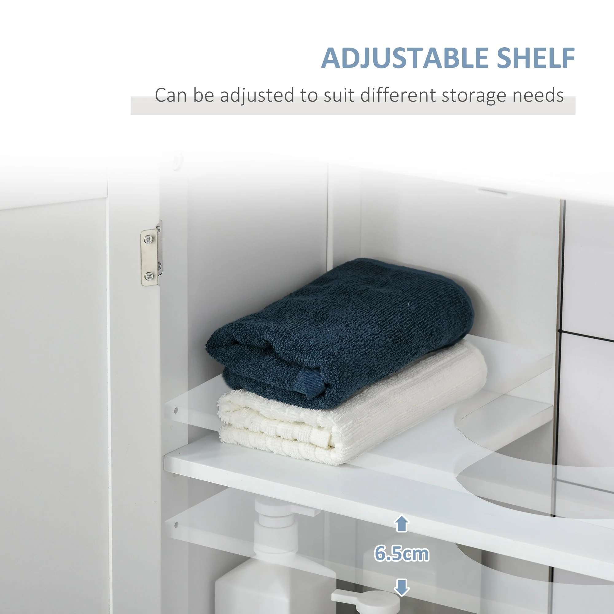 kleankin 60x60cm Under-Sink Storage Cabinet w/ Adjustable Shelf Handles Drain Hole Bathroom Cabinet Space Saver Organizer White - Image 6