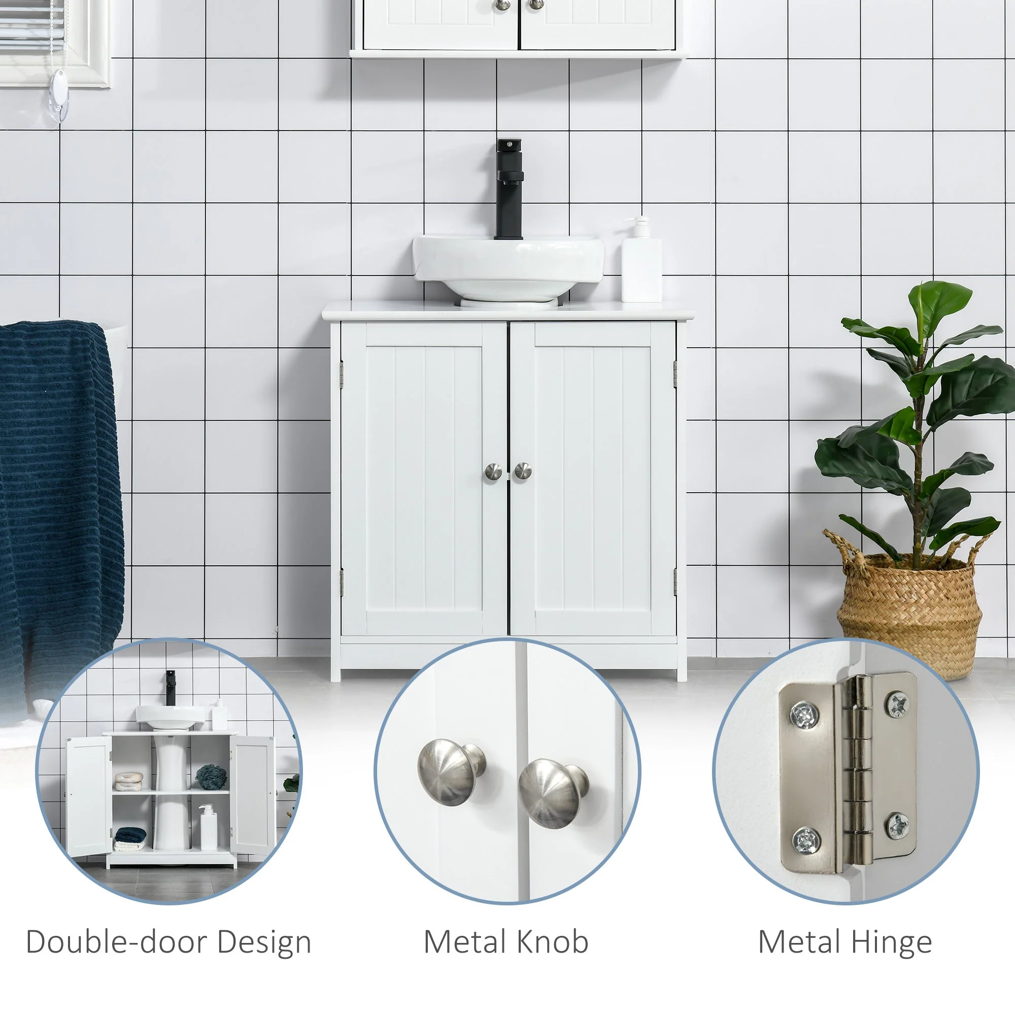 kleankin 60x60cm Under-Sink Storage Cabinet w/ Adjustable Shelf Handles Drain Hole Bathroom Cabinet Space Saver Organizer White - Image 7