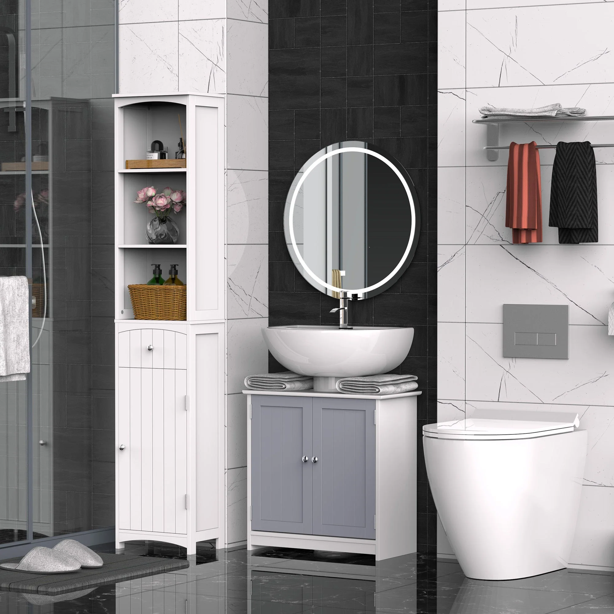 kleankin 60x60cm Under-Sink Storage Cabinet w/ Adjustable Shelf Handles Drain Hole Bathroom Cabinet Space Saver Organizer White and Grey - Image 2