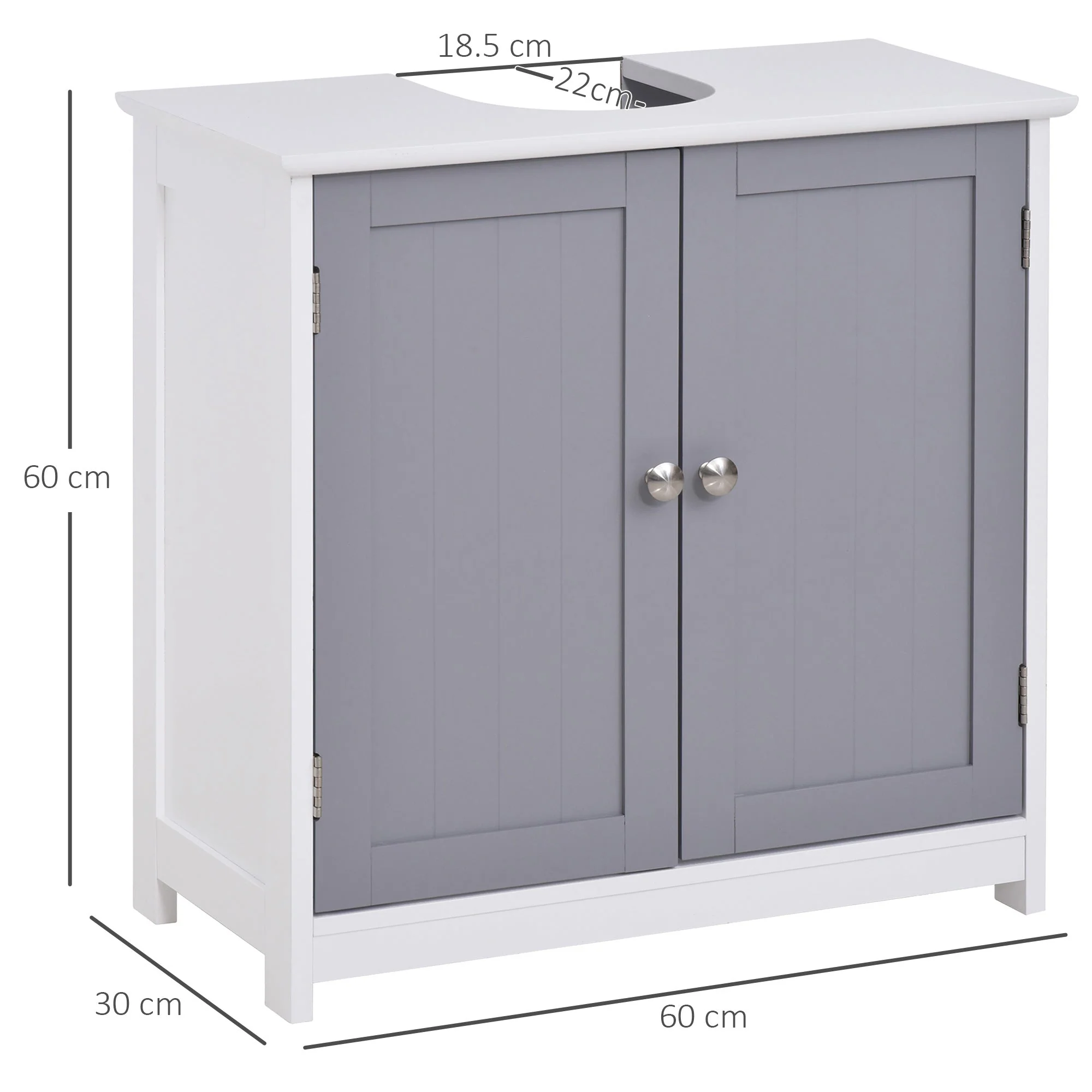 kleankin 60x60cm Under-Sink Storage Cabinet w/ Adjustable Shelf Handles Drain Hole Bathroom Cabinet Space Saver Organizer White and Grey - Image 3