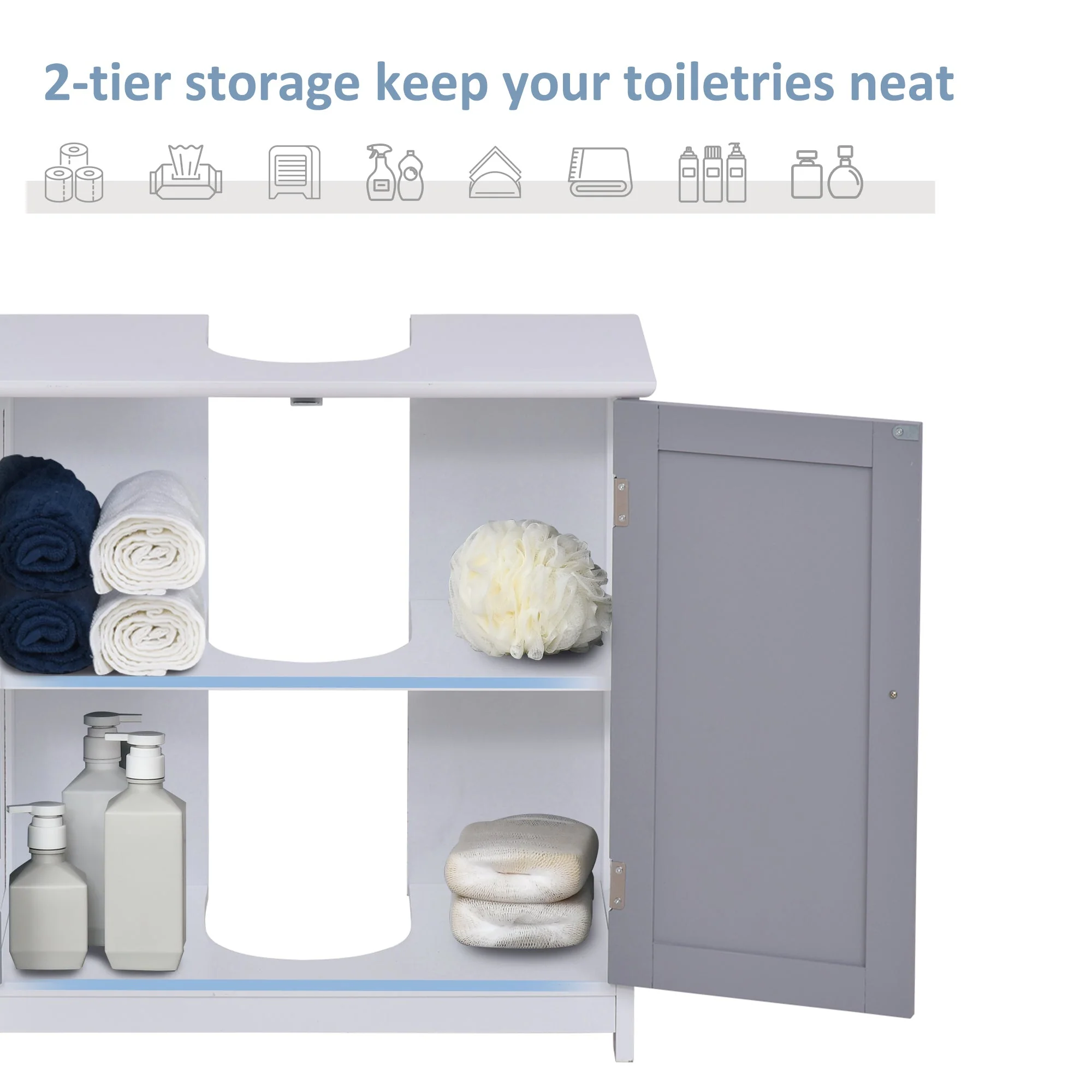kleankin 60x60cm Under-Sink Storage Cabinet w/ Adjustable Shelf Handles Drain Hole Bathroom Cabinet Space Saver Organizer White and Grey - Image 5