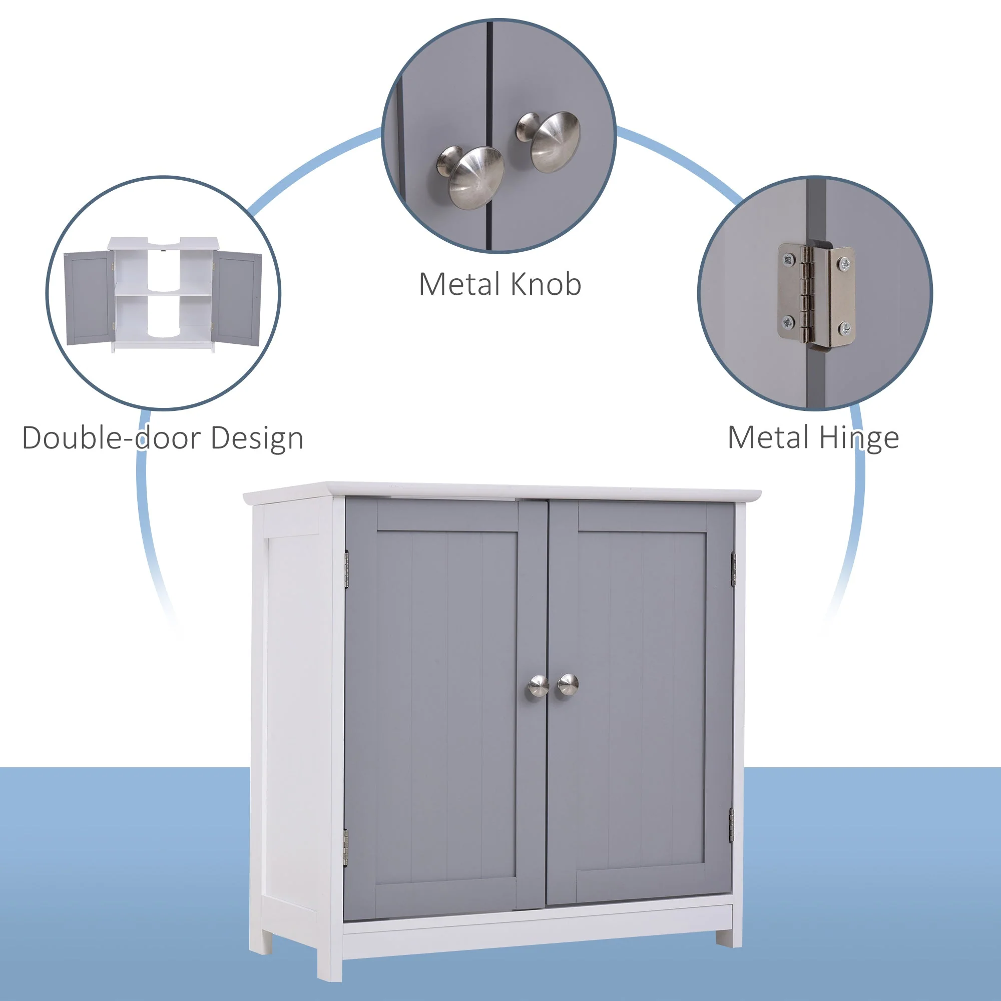 kleankin 60x60cm Under-Sink Storage Cabinet w/ Adjustable Shelf Handles Drain Hole Bathroom Cabinet Space Saver Organizer White and Grey - Image 7