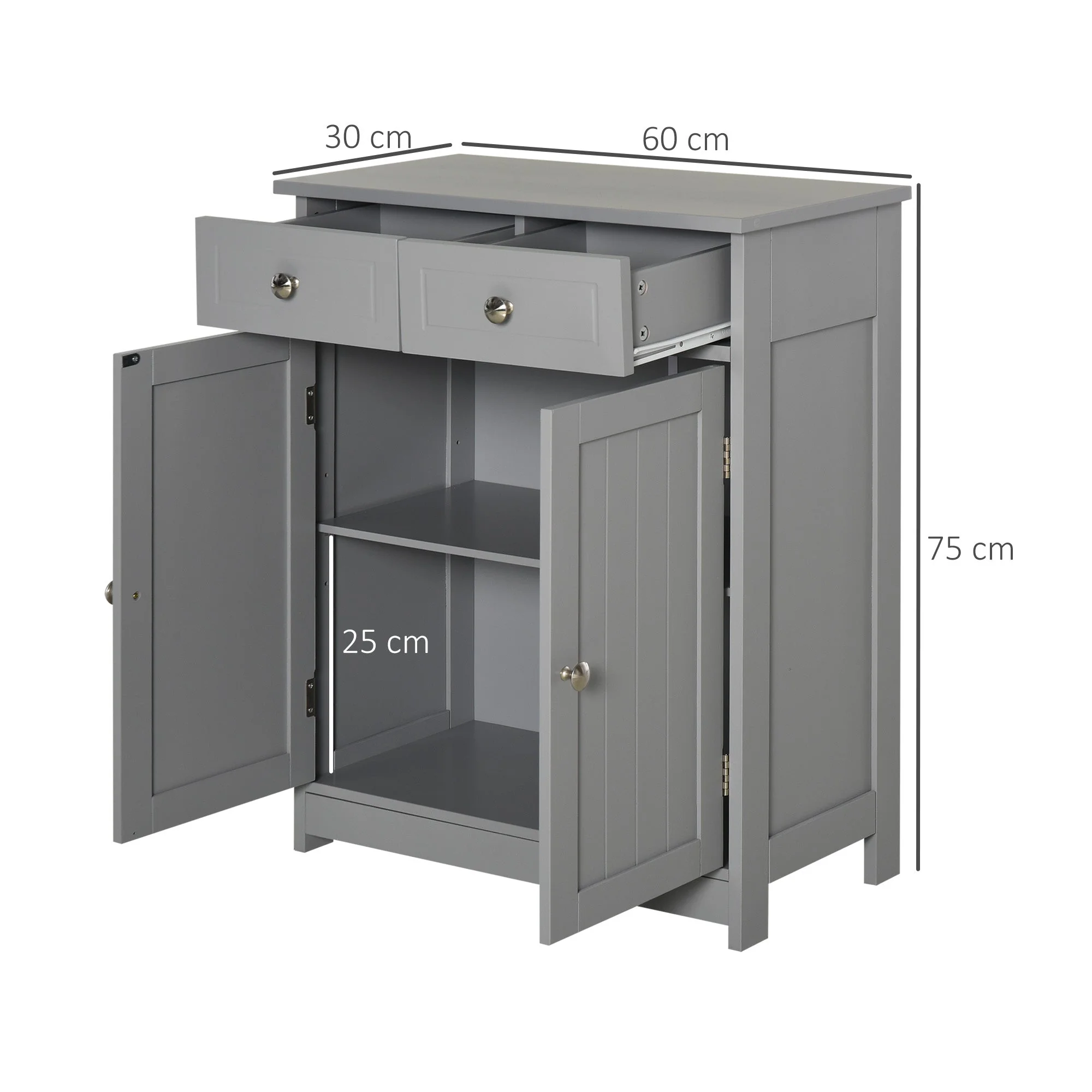 kleankin 75x60cm Freestanding Bathroom Storage Cabinet Unit w/ 2 Drawers Cupboard Adjustable Shelf Metal Handles Traditional Style Grey - Image 3