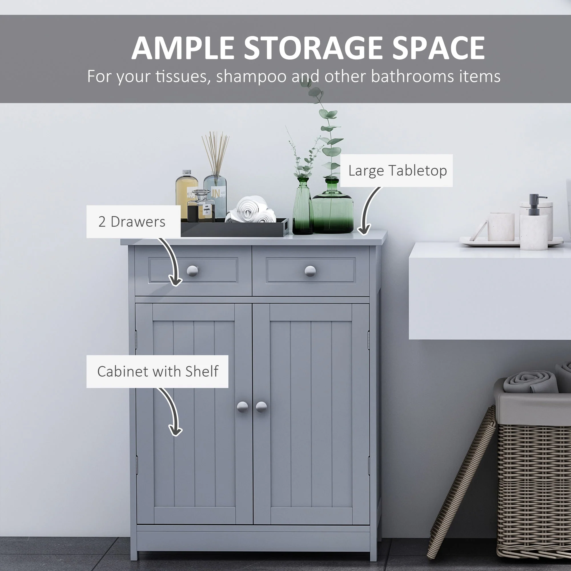 kleankin 75x60cm Freestanding Bathroom Storage Cabinet Unit w/ 2 Drawers Cupboard Adjustable Shelf Metal Handles Traditional Style Grey - Image 4