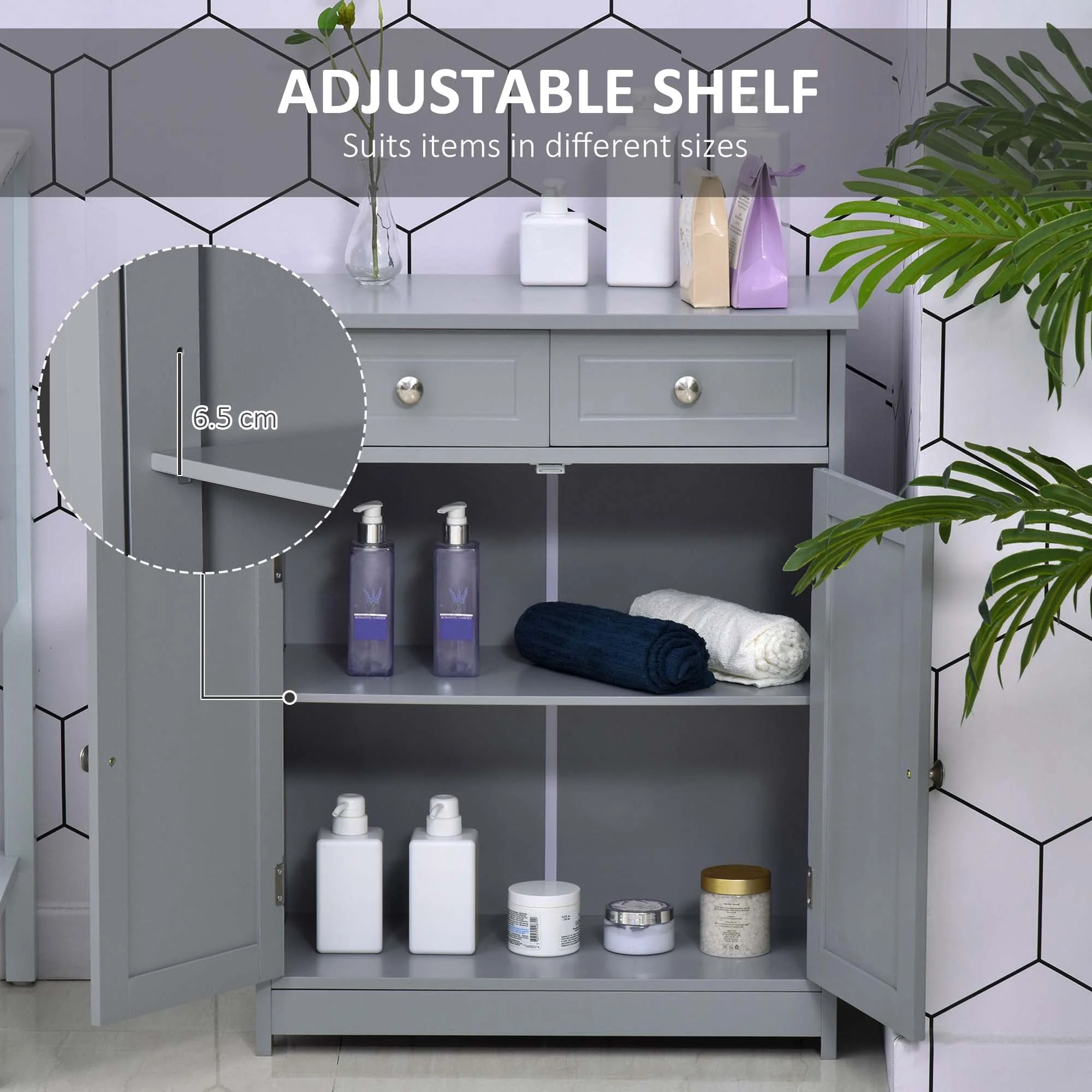 kleankin 75x60cm Freestanding Bathroom Storage Cabinet Unit w/ 2 Drawers Cupboard Adjustable Shelf Metal Handles Traditional Style Grey - Image 5