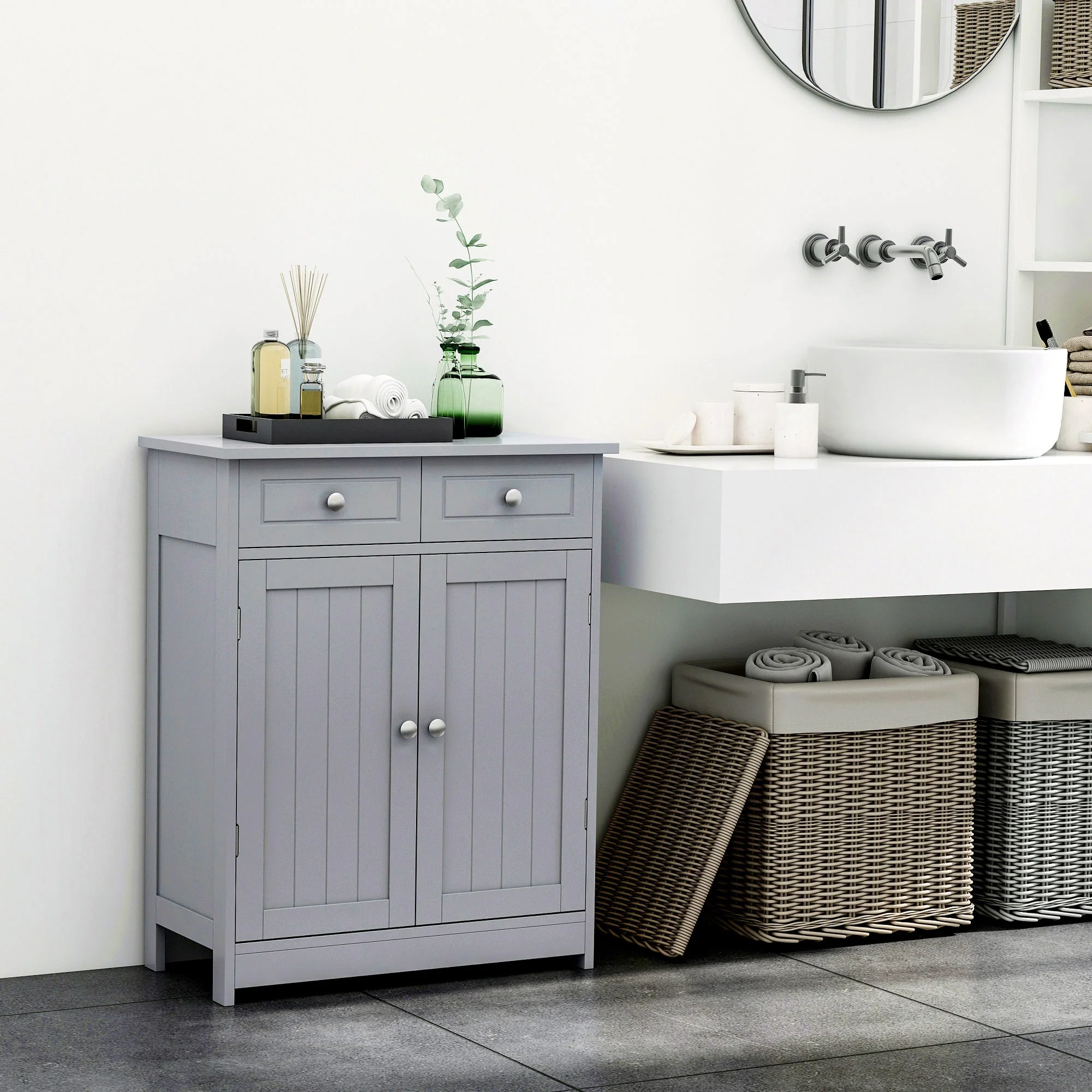 kleankin 75x60cm Freestanding Bathroom Storage Cabinet Unit w/ 2 Drawers Cupboard Adjustable Shelf Metal Handles Traditional Style Grey - Image 7