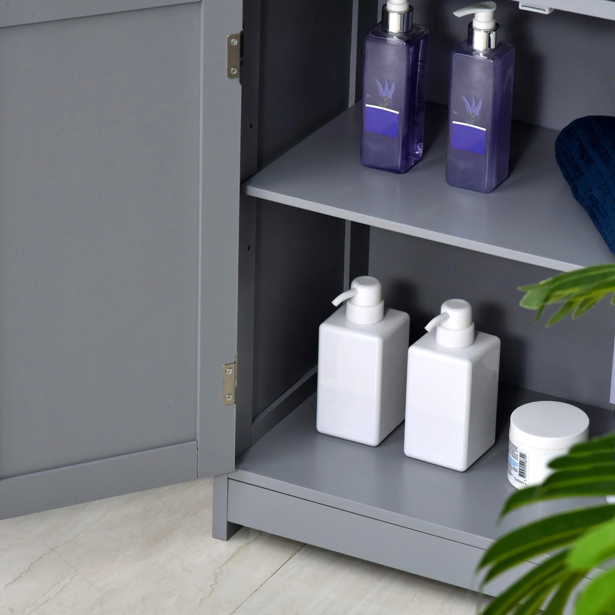 kleankin 75x60cm Freestanding Bathroom Storage Cabinet Unit w/ 2 Drawers Cupboard Adjustable Shelf Metal Handles Traditional Style Grey - Image 9