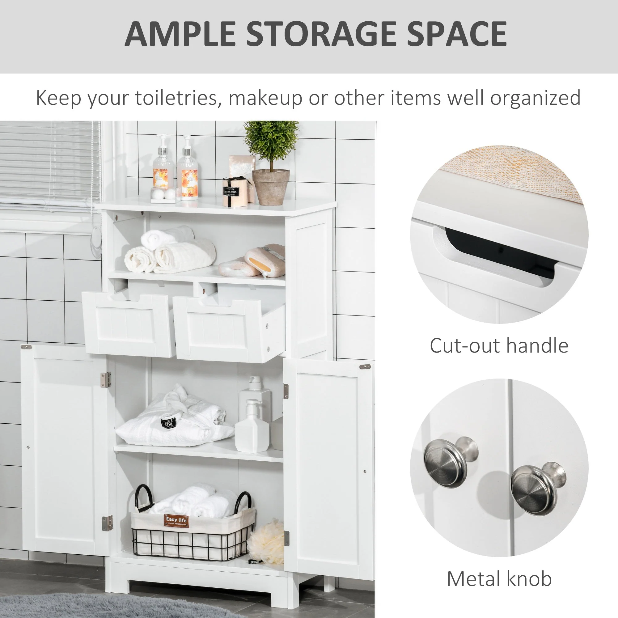 kleankin Bathroom Floor Cabinet Free Standing Storage Cupboard with 2 Drawers Adjustable Shelf White - Image 5