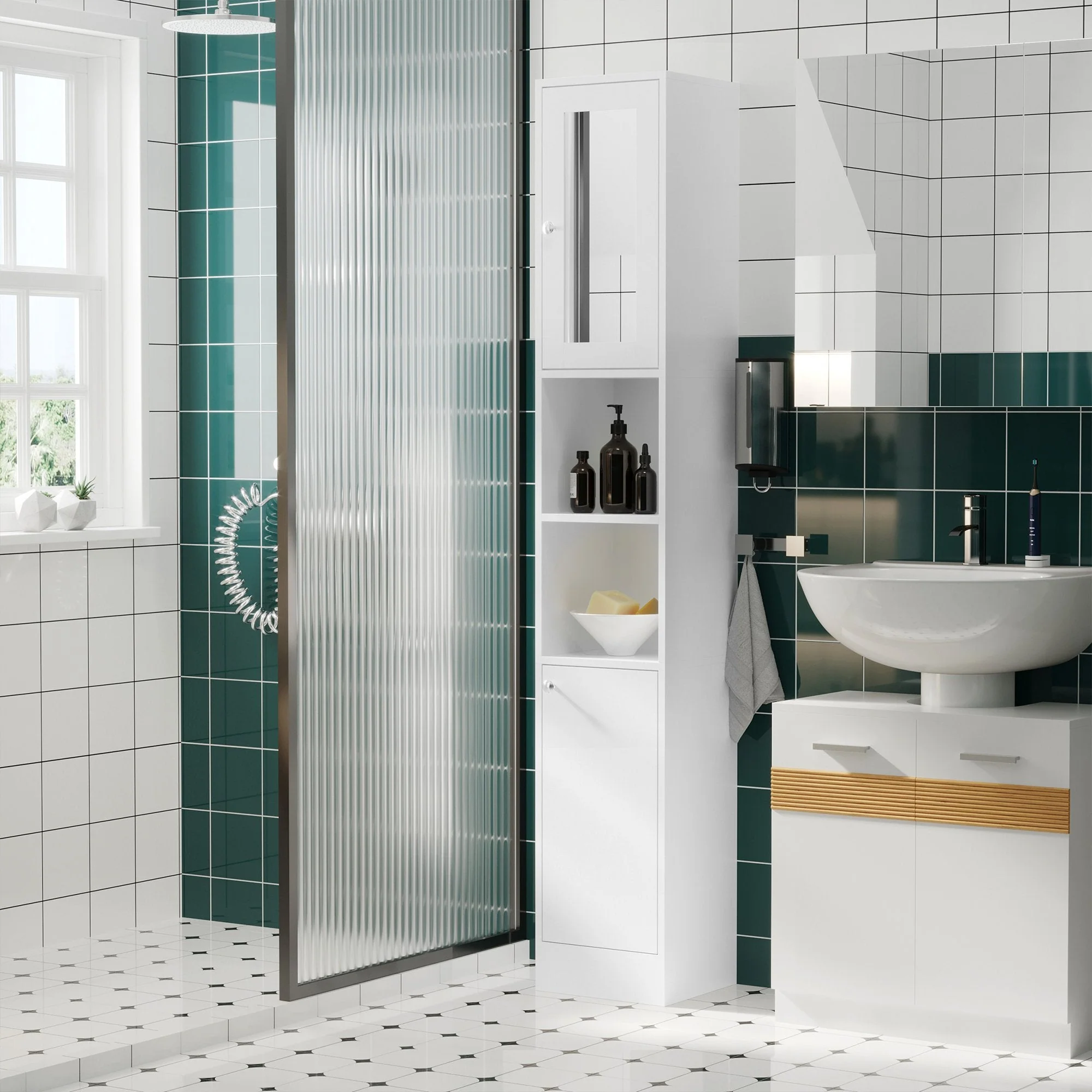 kleankin Bathroom Floor Cabinet Narrow Storage Cabinet with Mirror Adjustable Shelves - Image 5