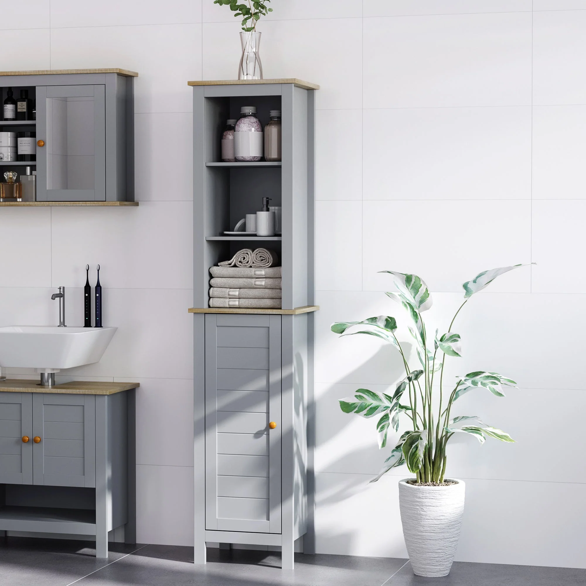 kleankin Bathroom Floor Storage Cabinet with 3 Tier Shelf and Cupboard with Door - Image 2