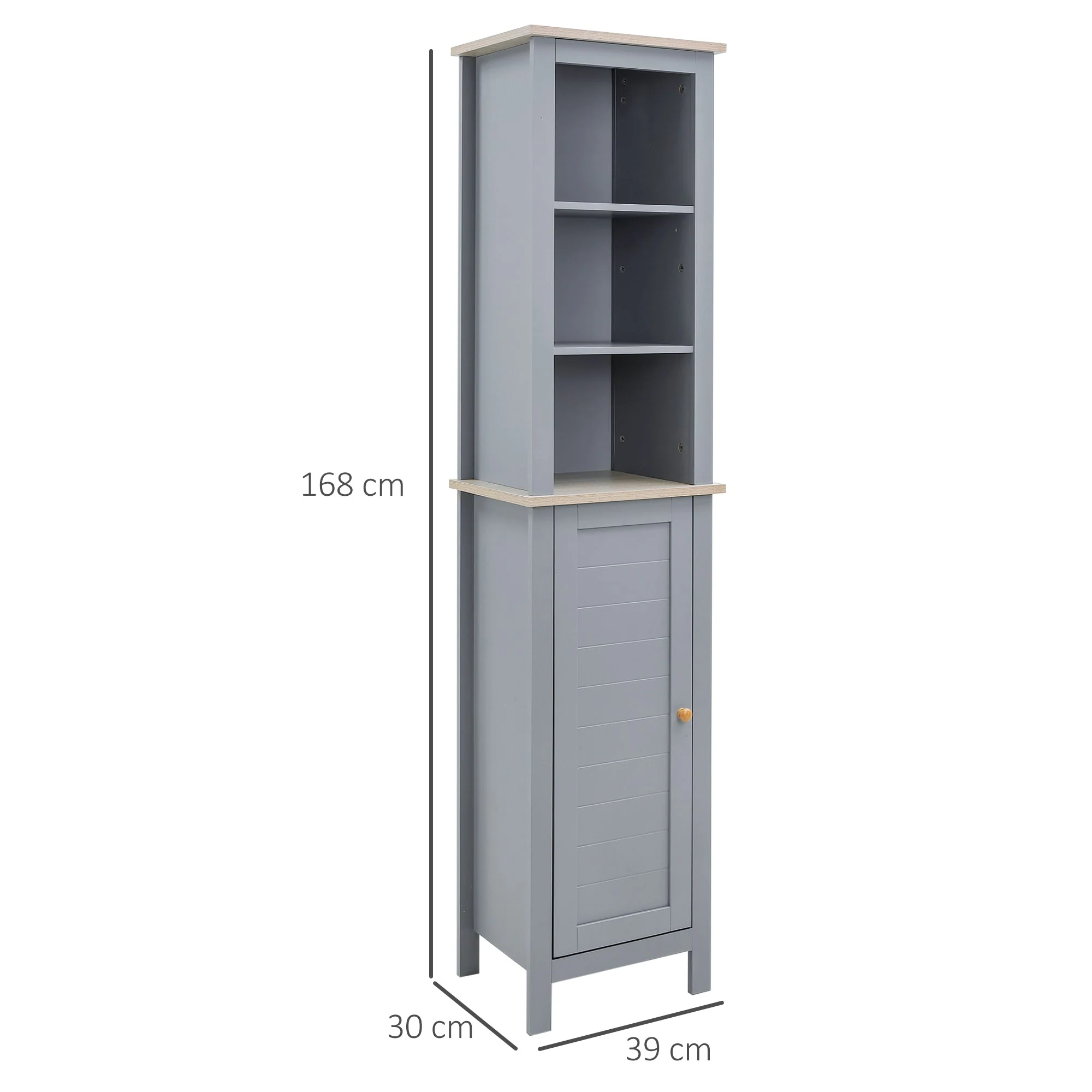 kleankin Bathroom Floor Storage Cabinet with 3 Tier Shelf and Cupboard with Door - Image 3