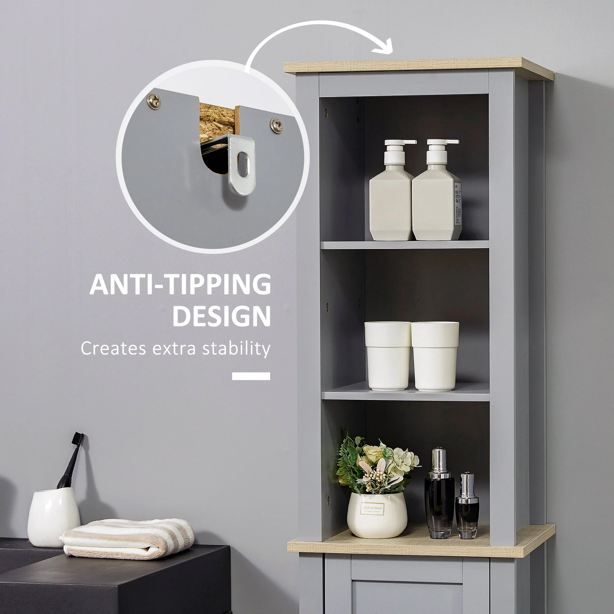 kleankin Bathroom Floor Storage Cabinet with 3 Tier Shelf and Cupboard with Door - Image 4