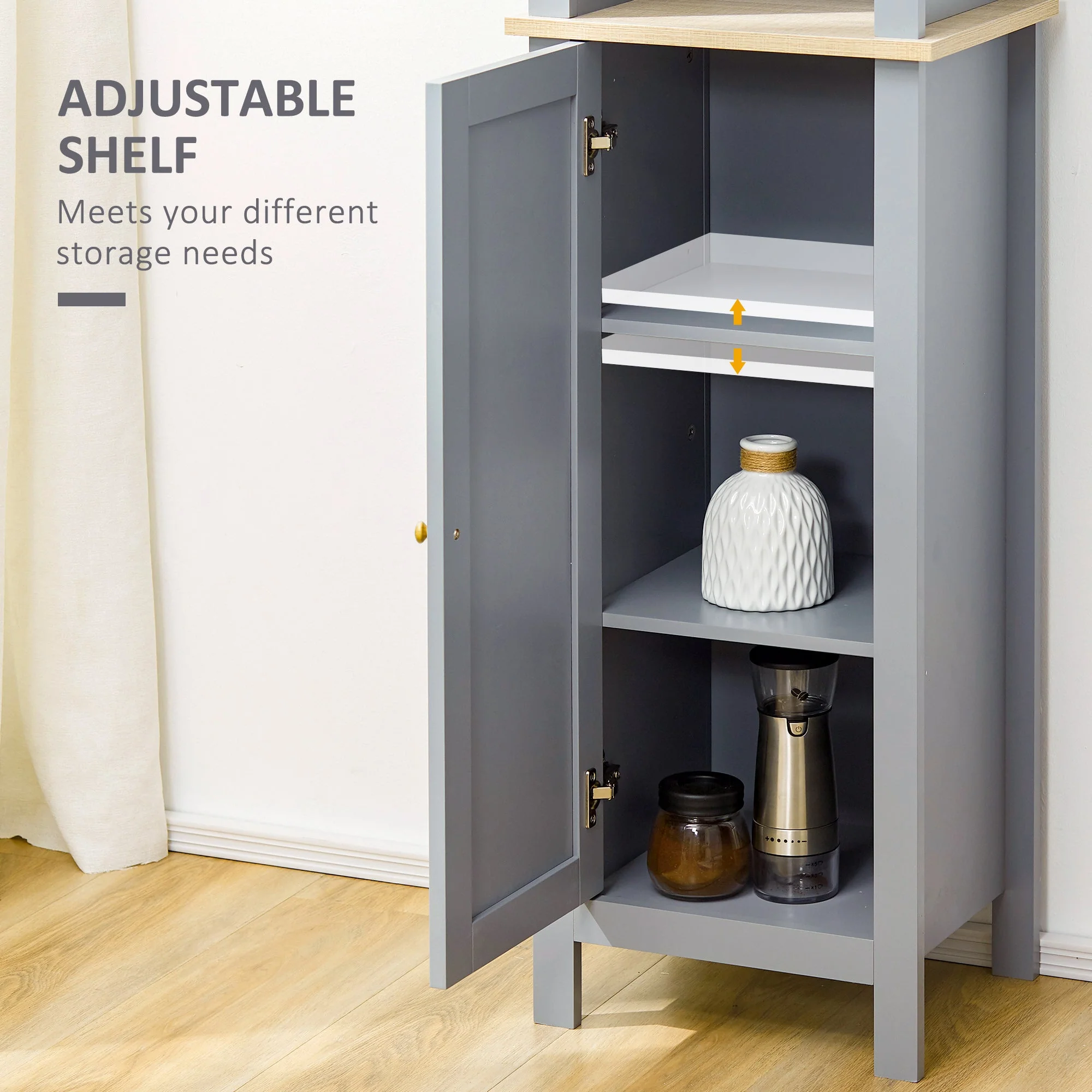 kleankin Bathroom Floor Storage Cabinet with 3 Tier Shelf and Cupboard with Door - Image 5