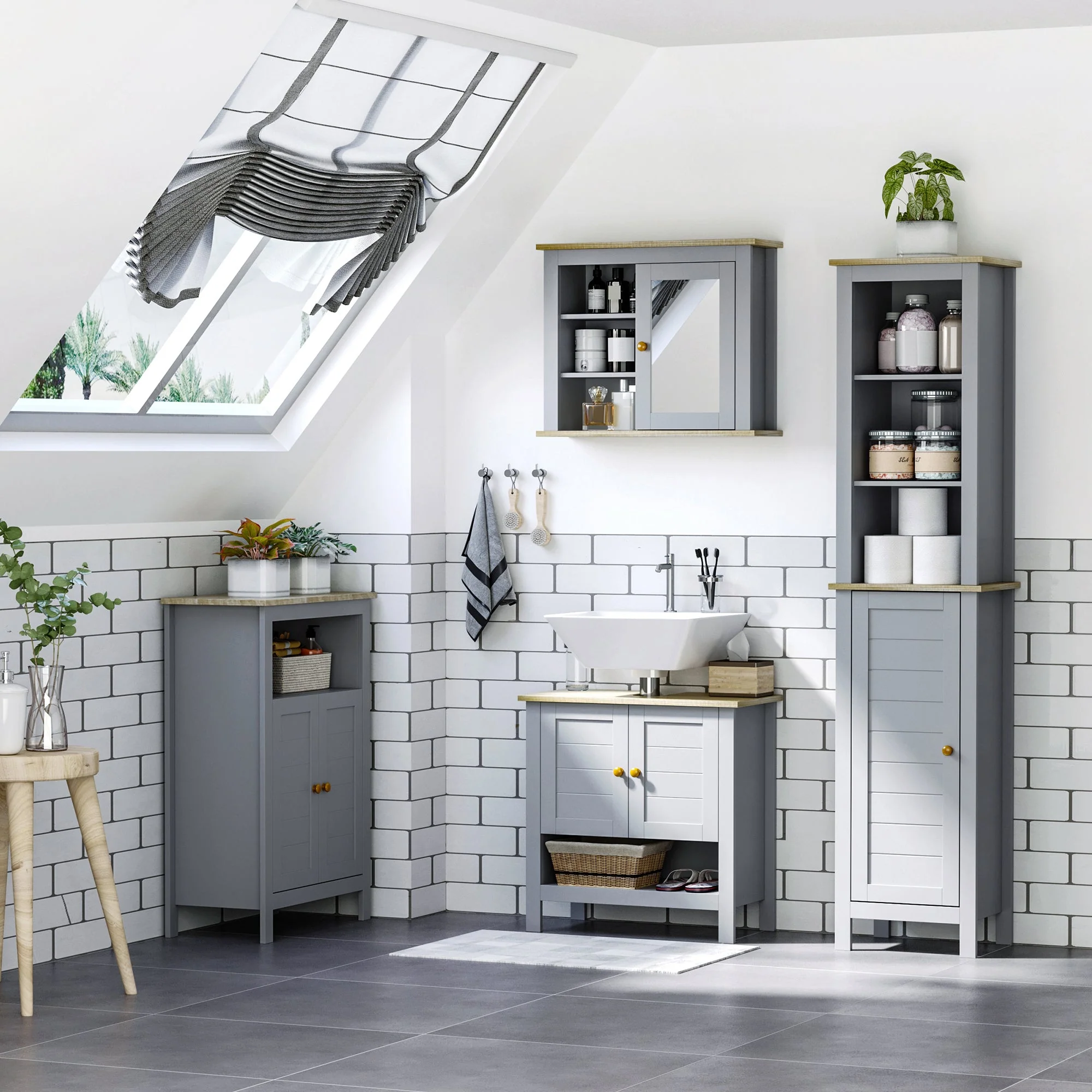 kleankin Bathroom Floor Storage Cabinet with 3 Tier Shelf and Cupboard with Door - Image 9