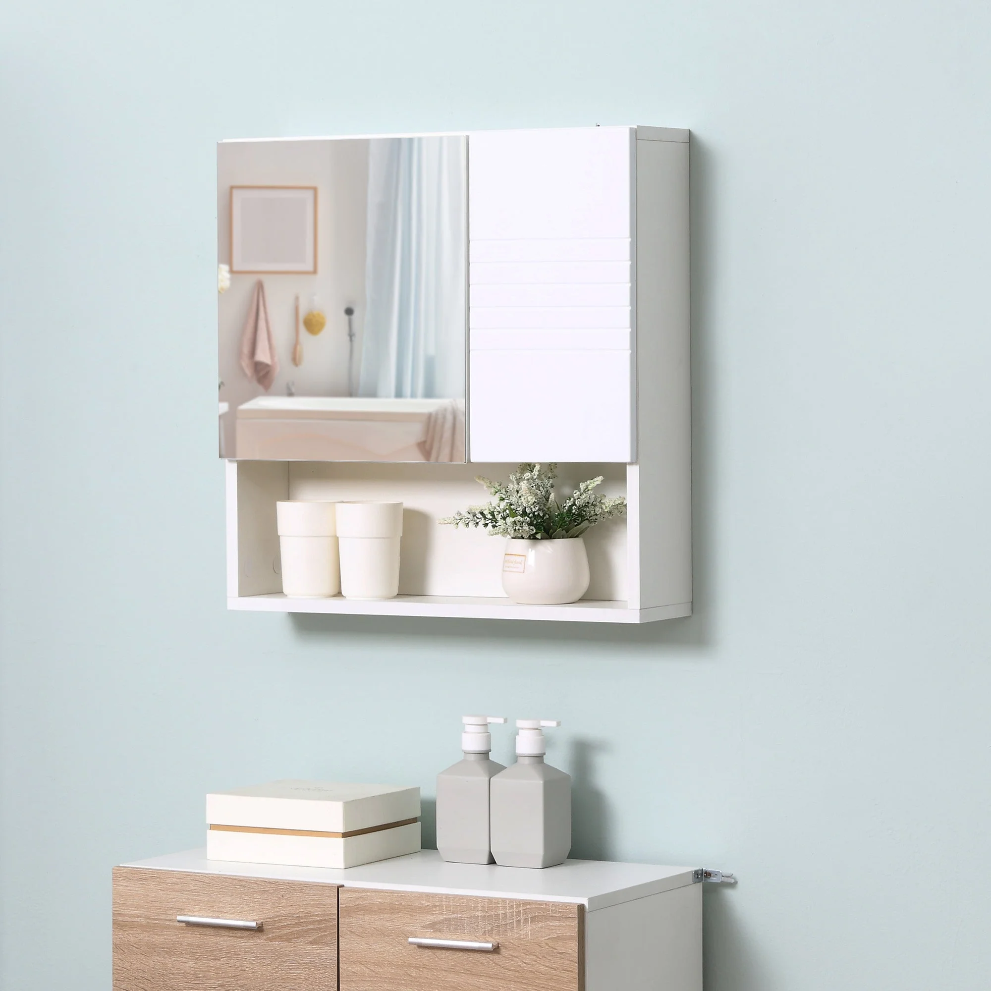 kleankin Bathroom Mirror Cabinet Wall-Mounted Storage w/ Double Door Adjustable Shelf - White - Image 2