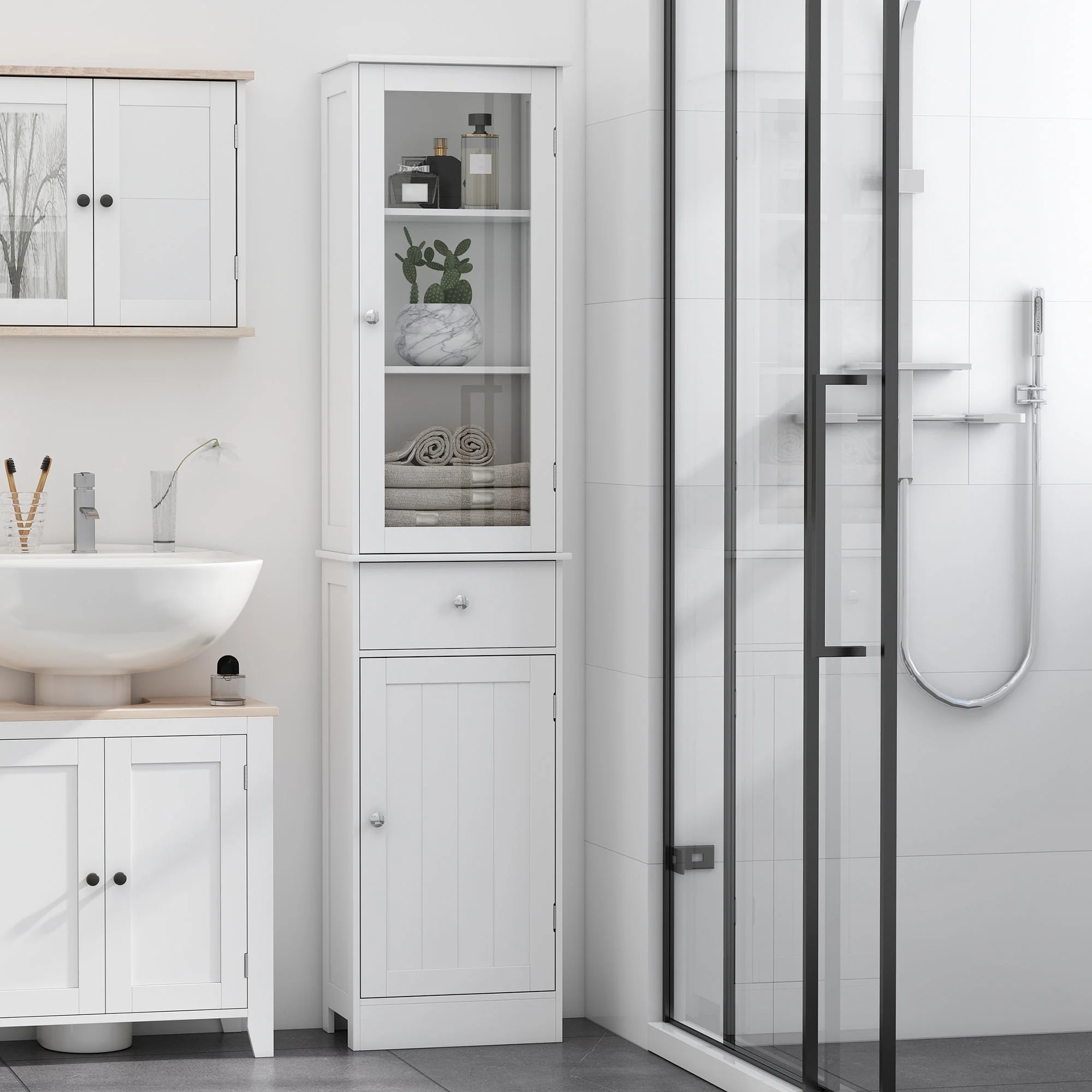 kleankin Bathroom Storage Cabinet with 3-tier Shelf Drawer Door - Image 2