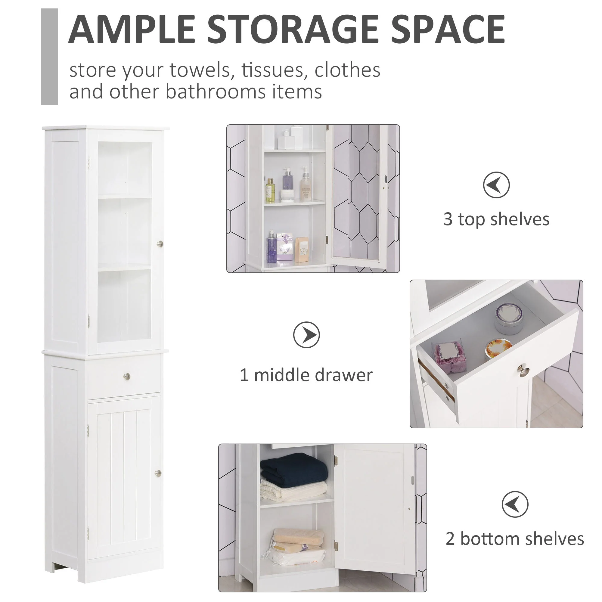 kleankin Bathroom Storage Cabinet with 3-tier Shelf Drawer Door - Image 6