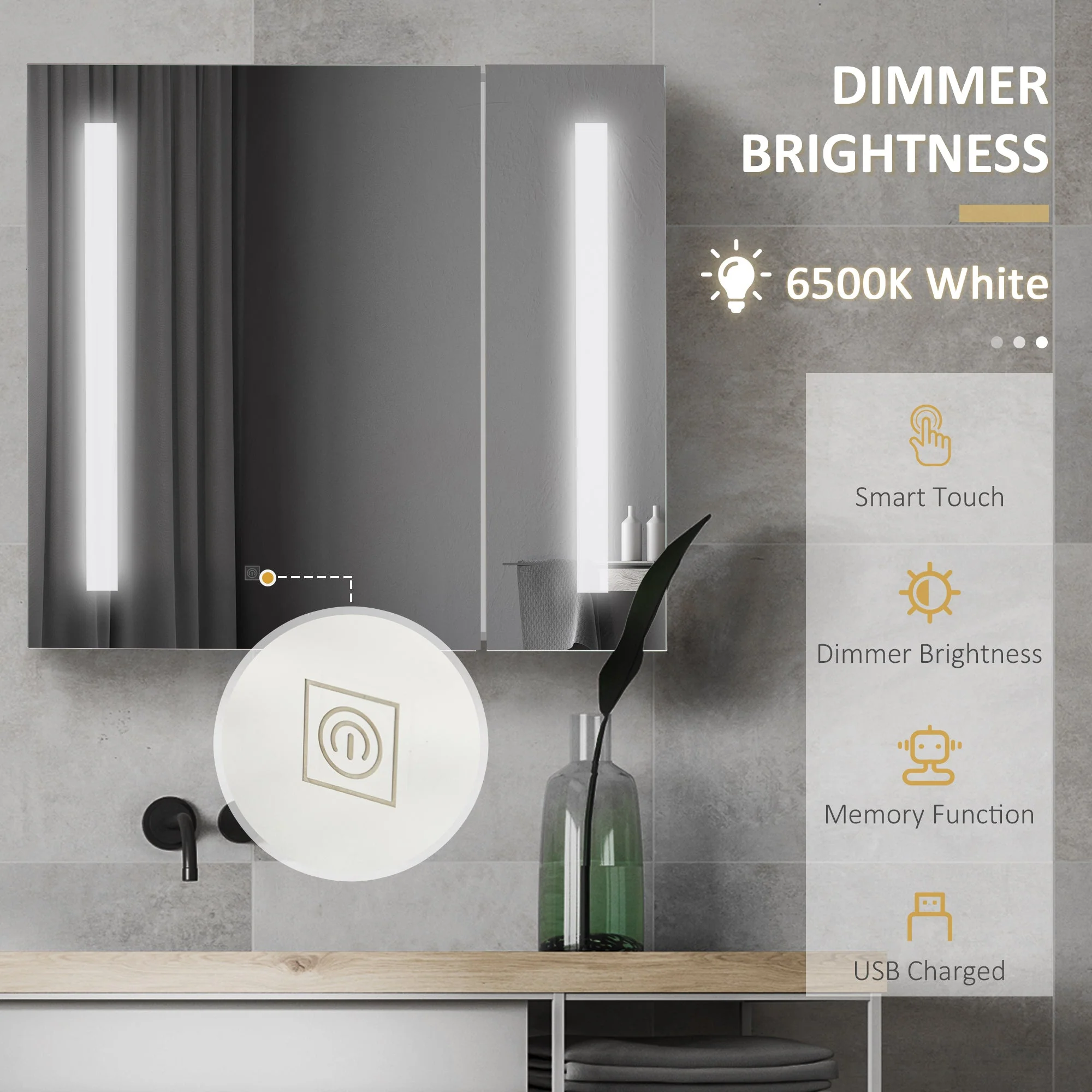 kleankin Illuminated Bathroom Mirror Cabinet 650 x 700Hmm LED Bathroom Mirror with Lights Touch Switch - Image 6