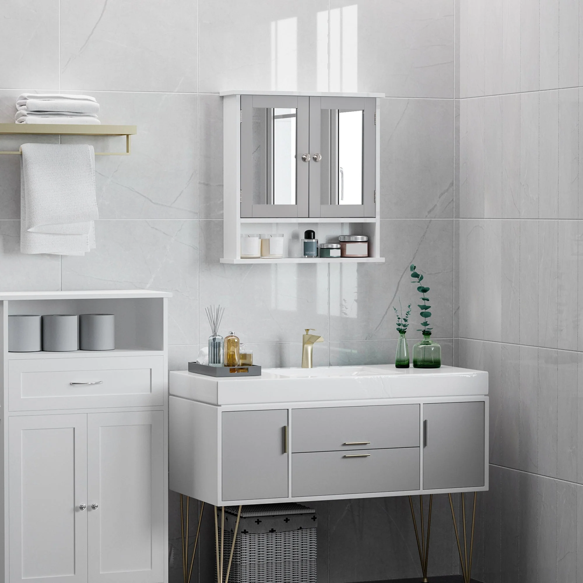 kleankin Mirror Cabinet Wall Mounted with Double Mirrored Doors - Image 2