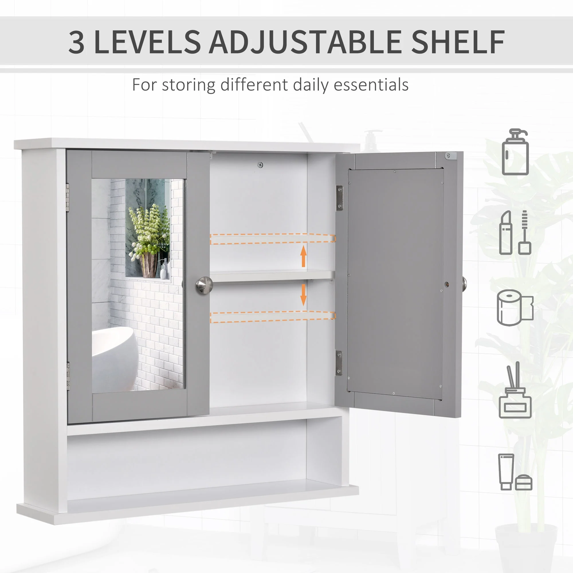 kleankin Mirror Cabinet Wall Mounted with Double Mirrored Doors - Image 4