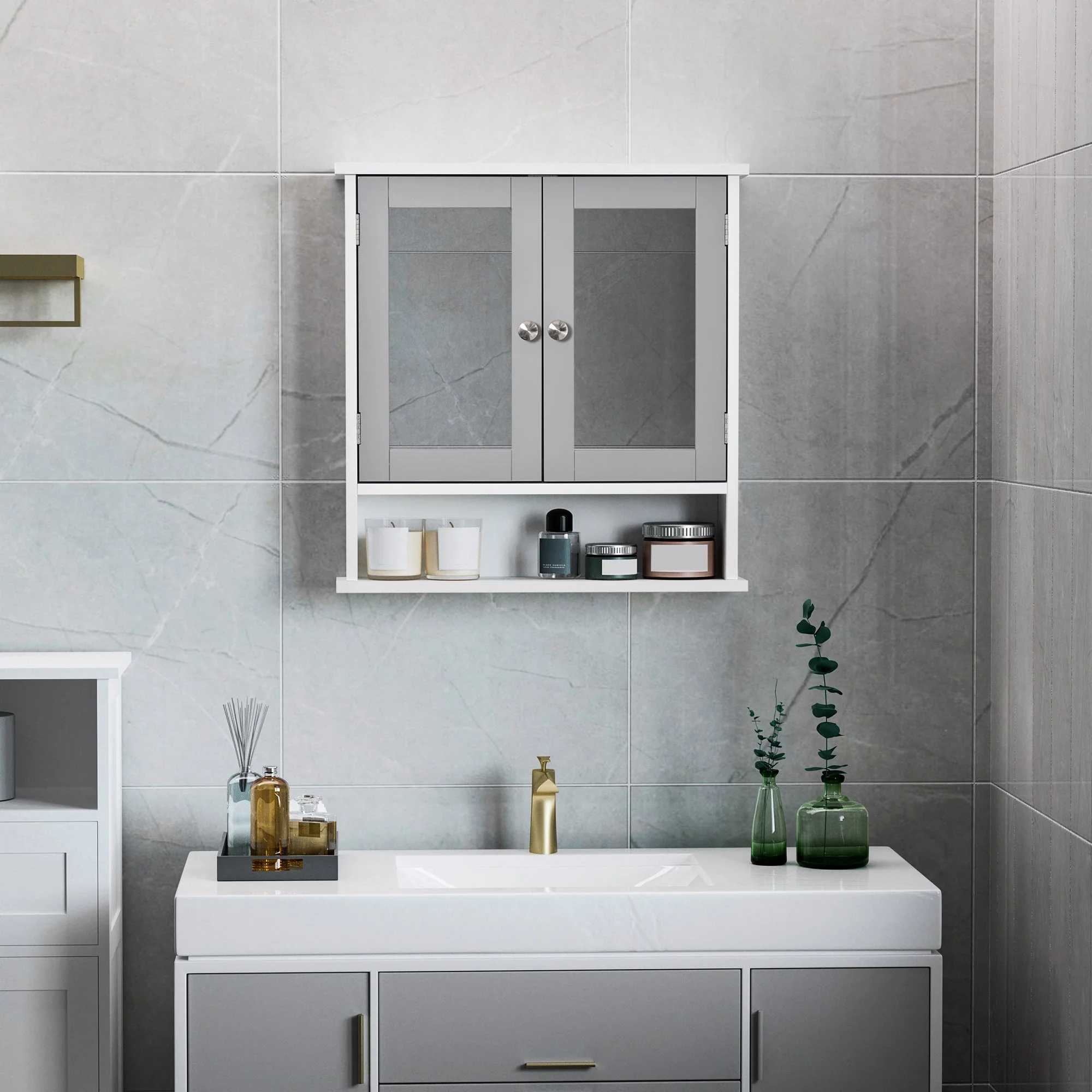 kleankin Mirror Cabinet Wall Mounted with Double Mirrored Doors - Image 8