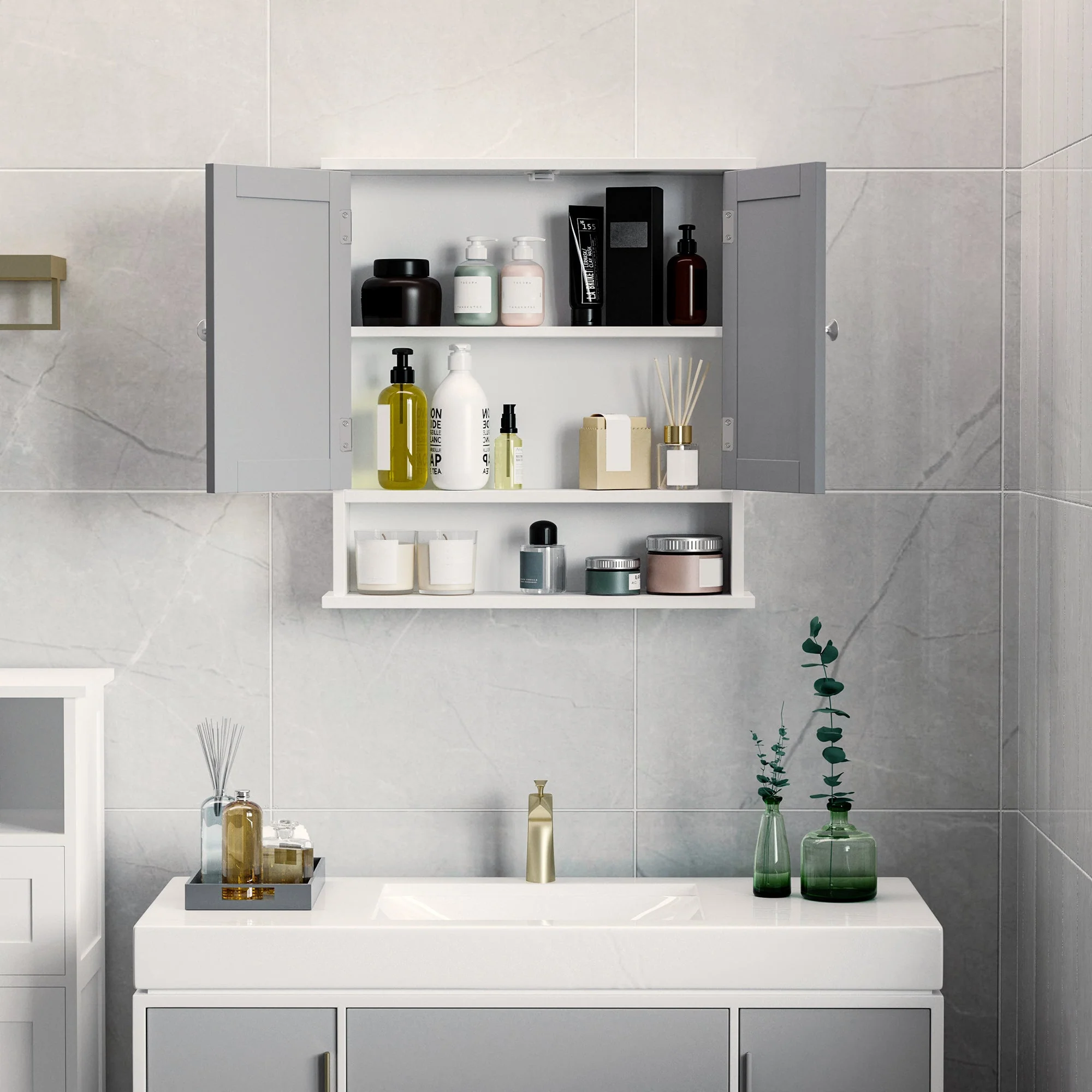 kleankin Mirror Cabinet Wall Mounted with Double Mirrored Doors - Image 9