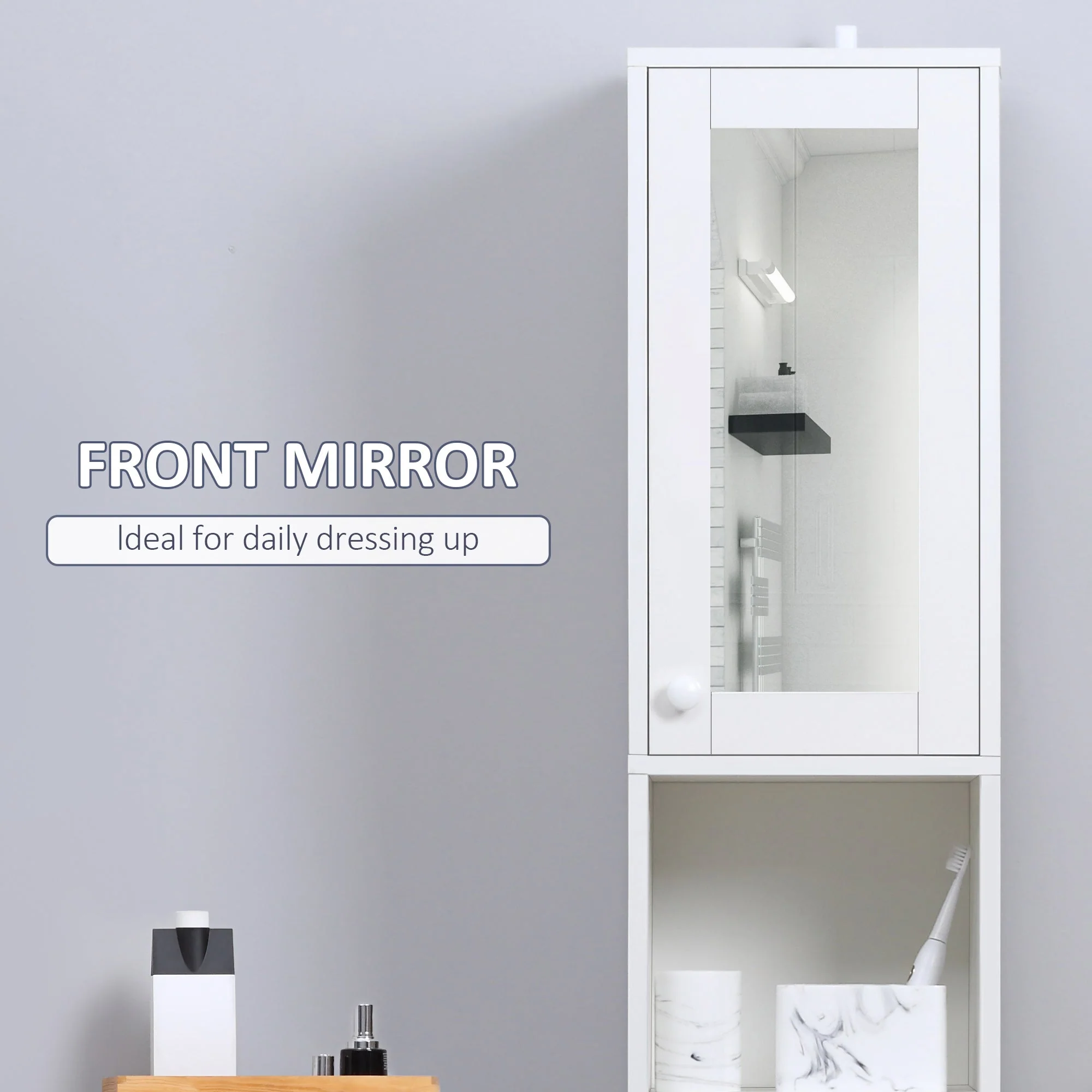 kleankin Tall Bathroom Storage Cabinet with Mirror - Image 3