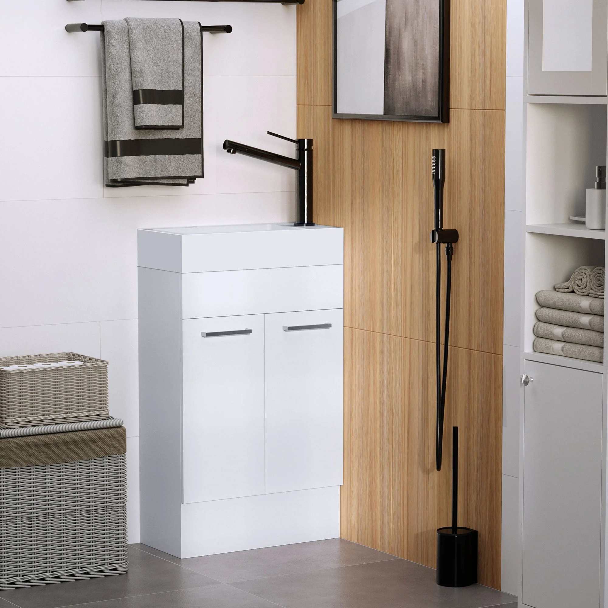 kleankin Under Sink Bathroom Vanity Unit Ceramic Basin Sink Cloakroom Storage Cabinet Home Furniture - Image 2