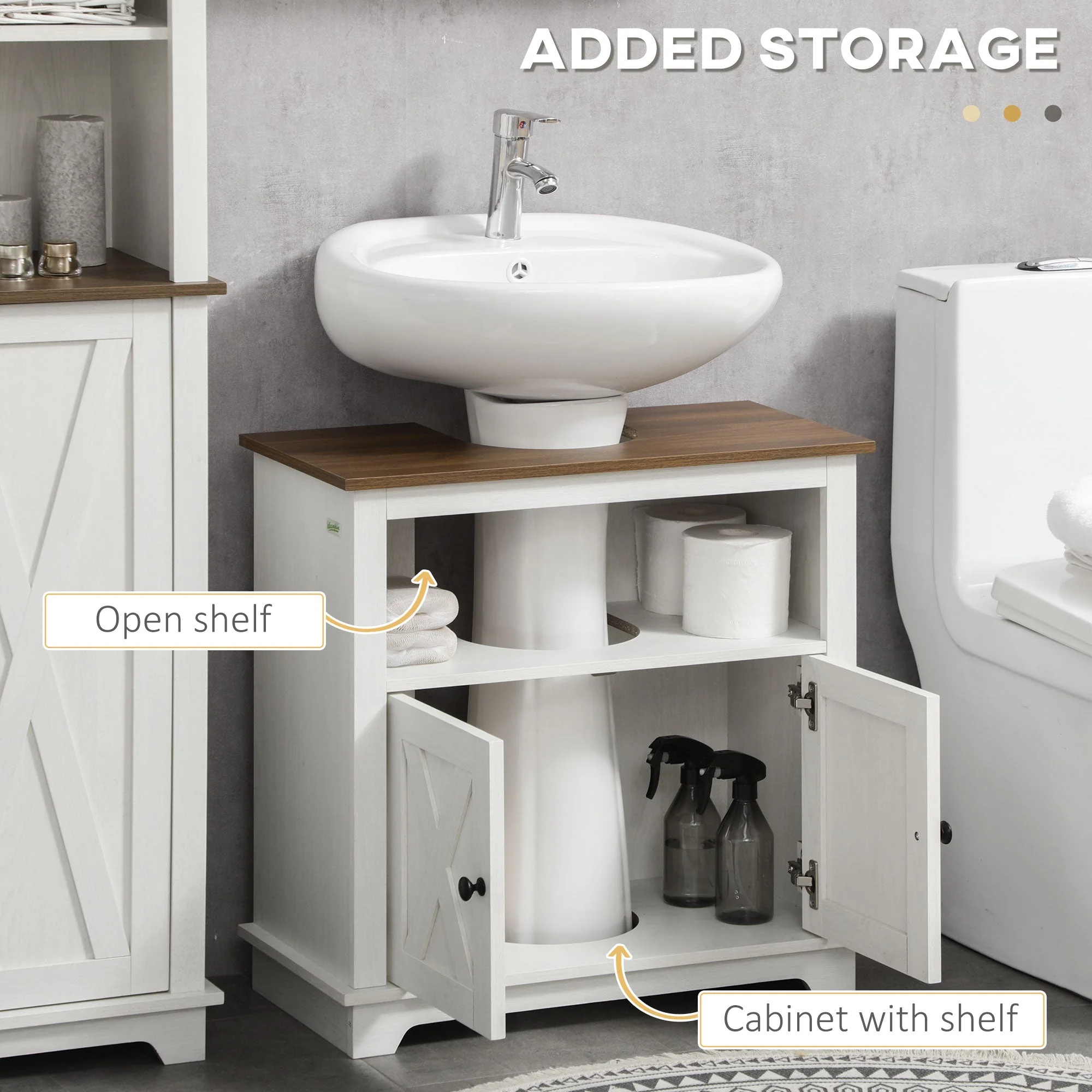 kleankin Under Sink Cabinet Bathroom Vanity Unit with Double Doors and Storage Shelves - Image 4