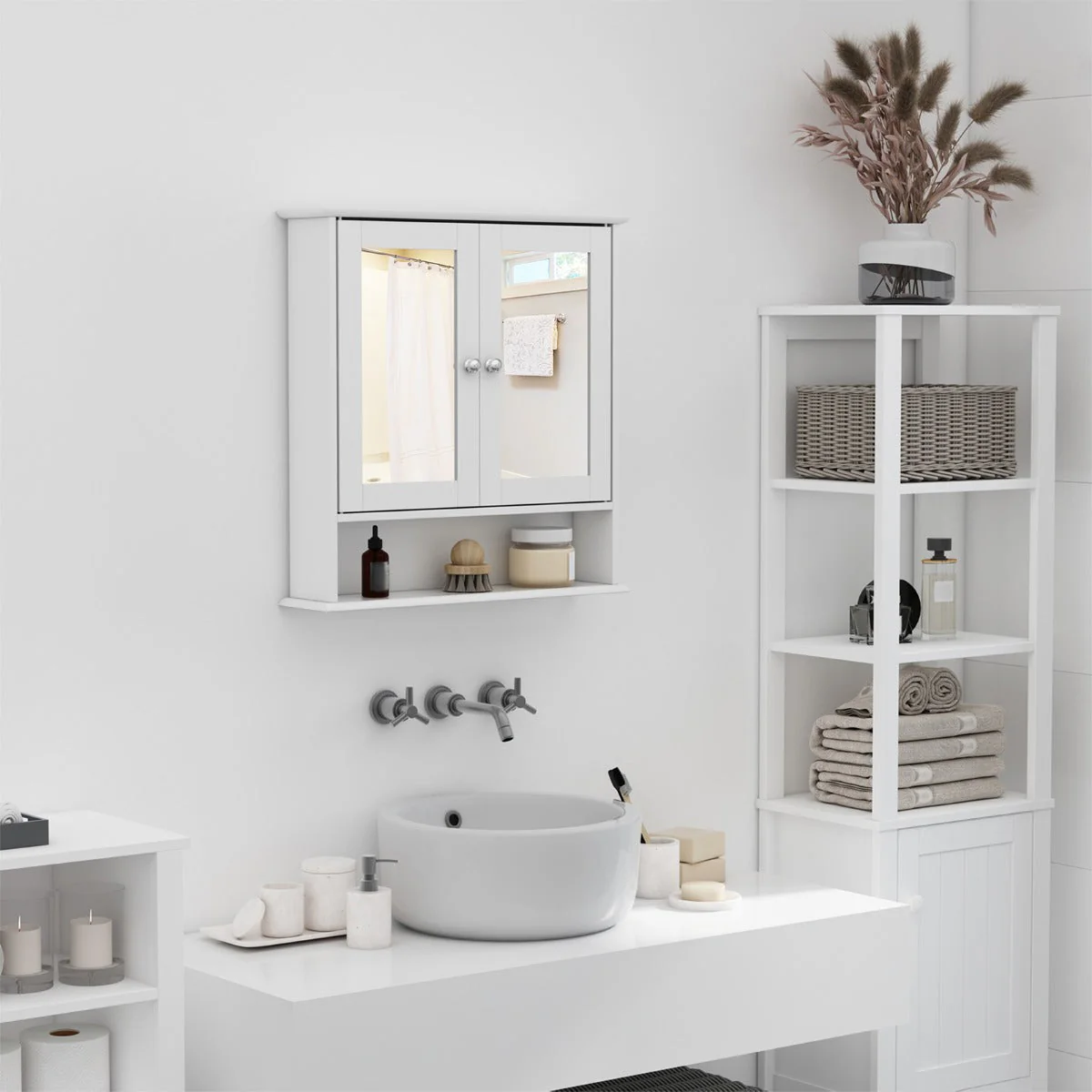 kleankin Wall-mounted Bathroom Cabinet Mirror Door Organiser Storage Shelves Living Room White - Image 2