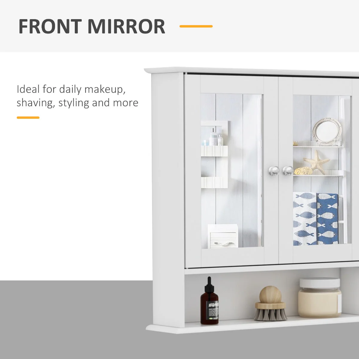 kleankin Wall-mounted Bathroom Cabinet Mirror Door Organiser Storage Shelves Living Room White - Image 4