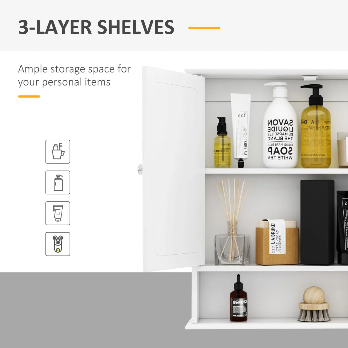 kleankin Wall-mounted Bathroom Cabinet Mirror Door Organiser Storage Shelves Living Room White - Image 5