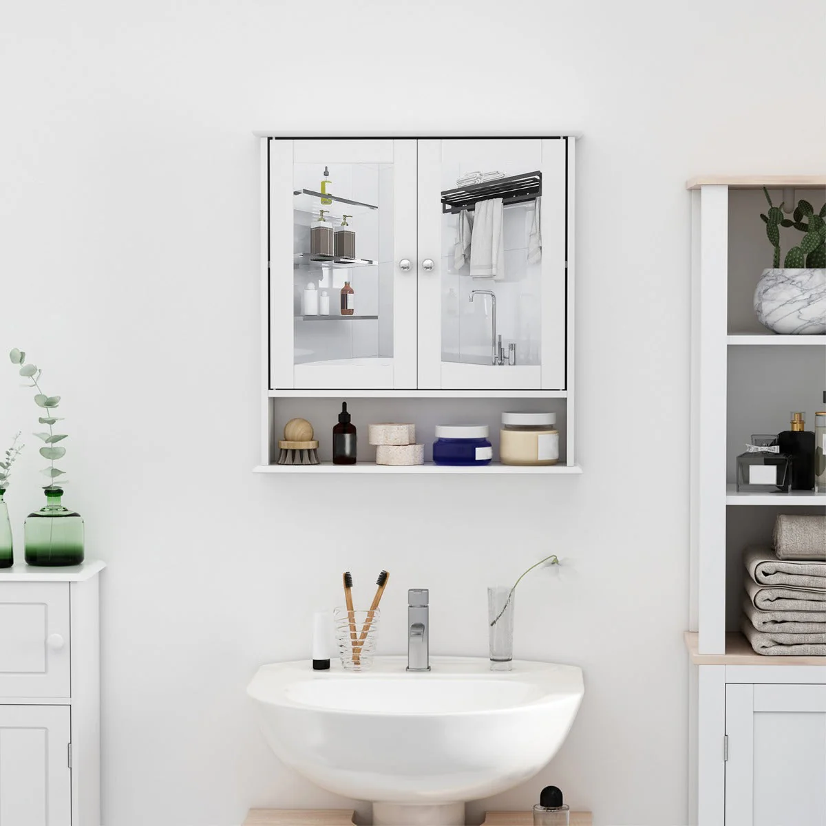 kleankin Wall-mounted Bathroom Cabinet Mirror Door Organiser Storage Shelves Living Room White - Image 9