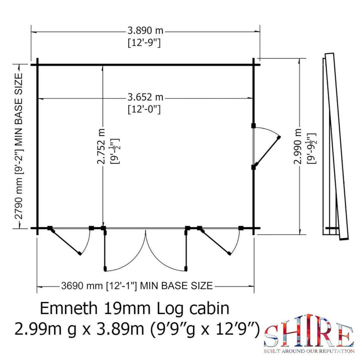 Shire Emneth 11' 11" x 9' 9" Pent Log Cabin - Premium 19mm Cladding Log Clad - Image 3