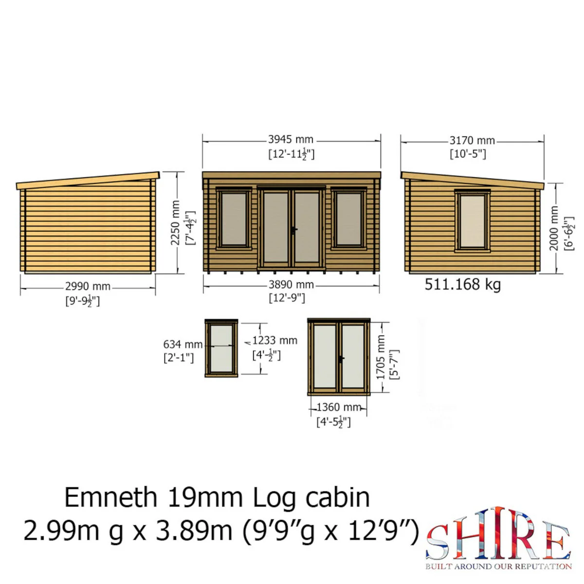 Shire Emneth 11' 11" x 9' 9" Pent Log Cabin - Premium 19mm Cladding Log Clad - Image 4