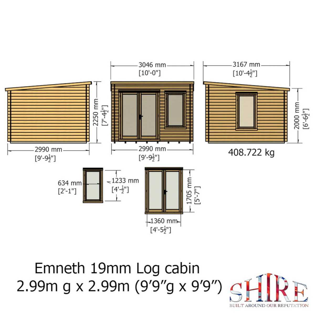 Shire Emneth 9' x 9' 9" Pent Log Cabin - Premium 19mm Cladding Log Clad - Image 4