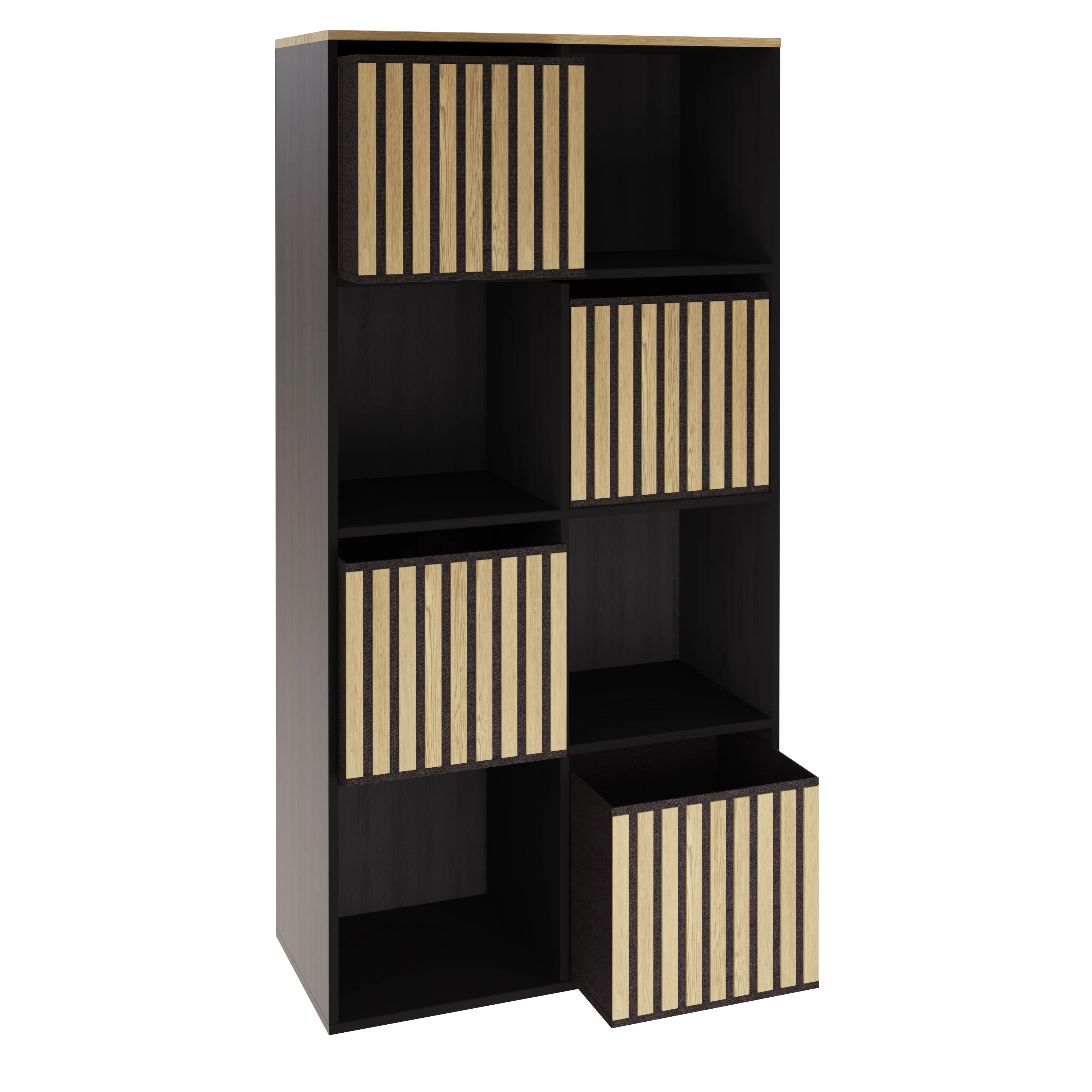 Kube Tall Sideboard Black & Light Oak 4 Shelves 4 Drawers - Image 3