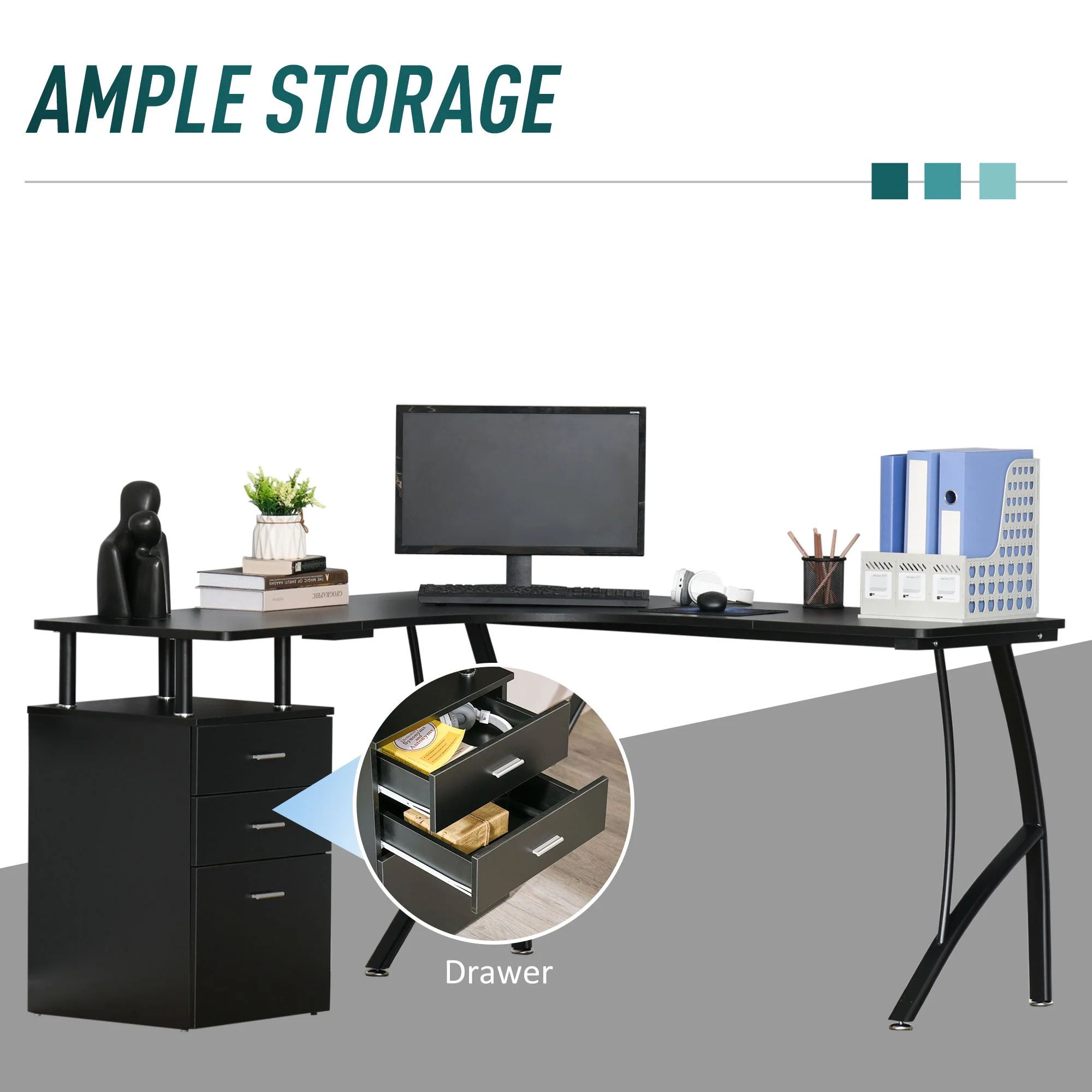 L-Shaped Computer Desk Table with Storage Drawer Home Office Corner Industrial Style Workstation - Image 4