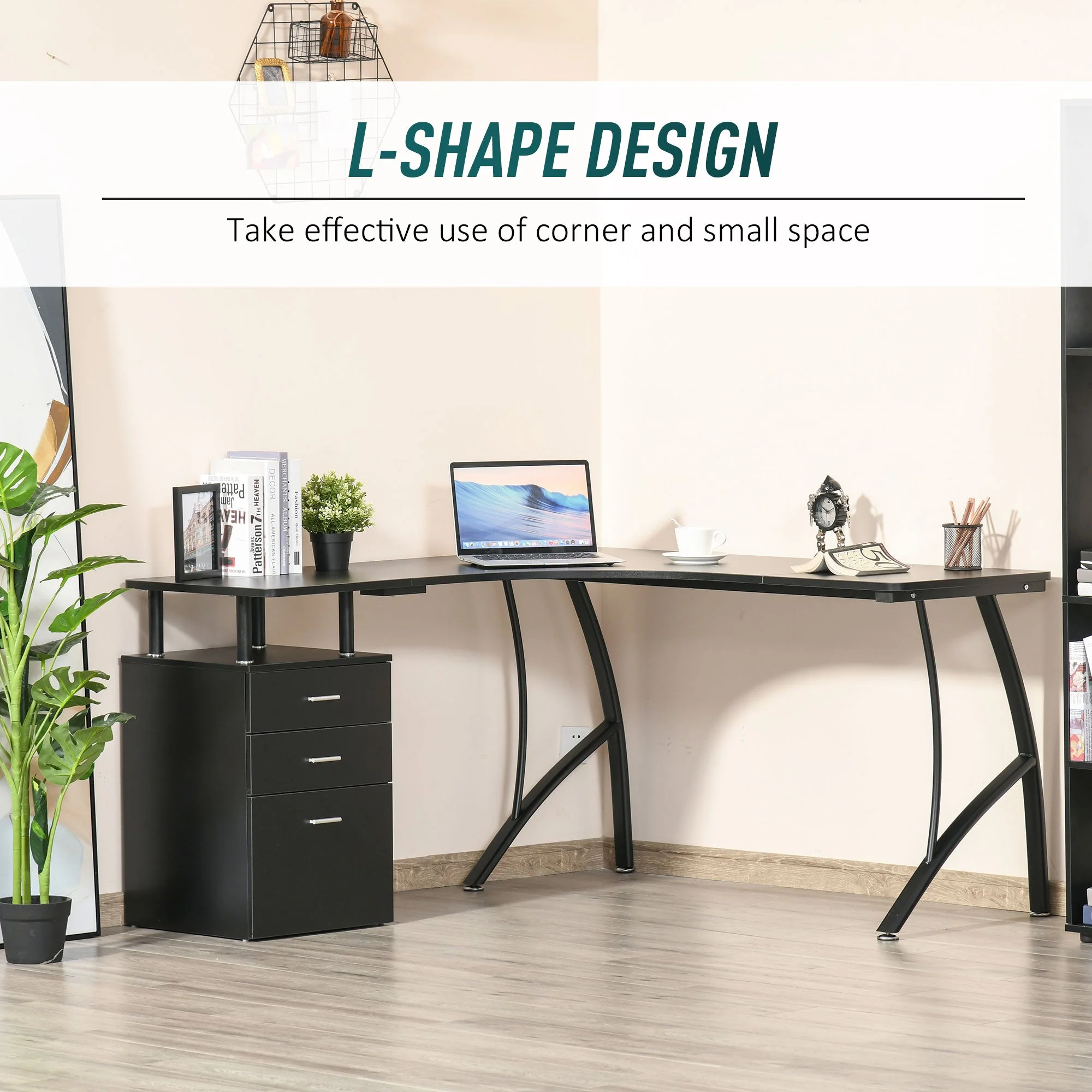 L-Shaped Computer Desk Table with Storage Drawer Home Office Corner Industrial Style Workstation - Image 7