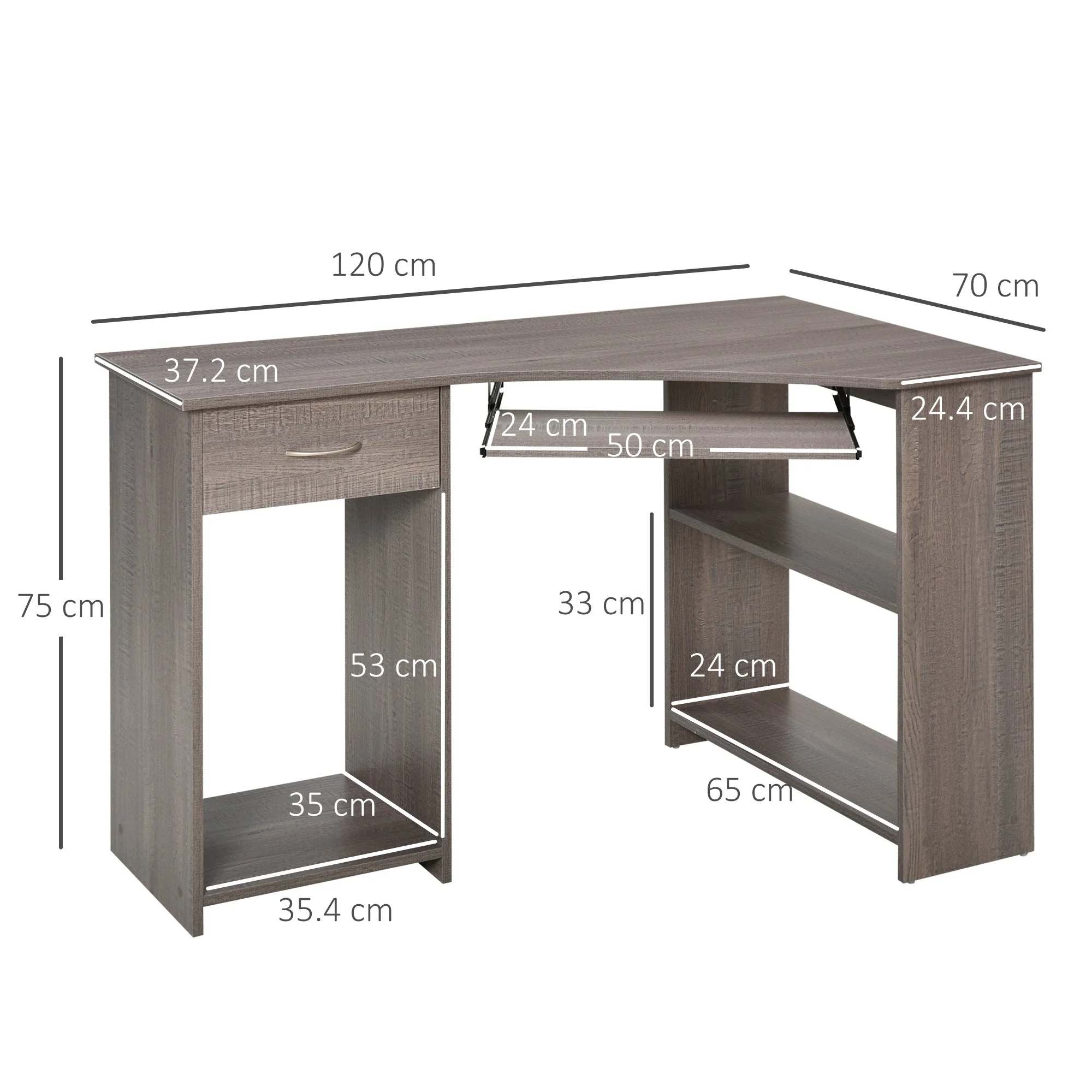 L-Shaped Corner Computer Desk w/ 2 Shelves Wide Worktop Keyboard Tray Drawer & CPU Stand Home Office Study Bedroom Furniture Grey - Image 2