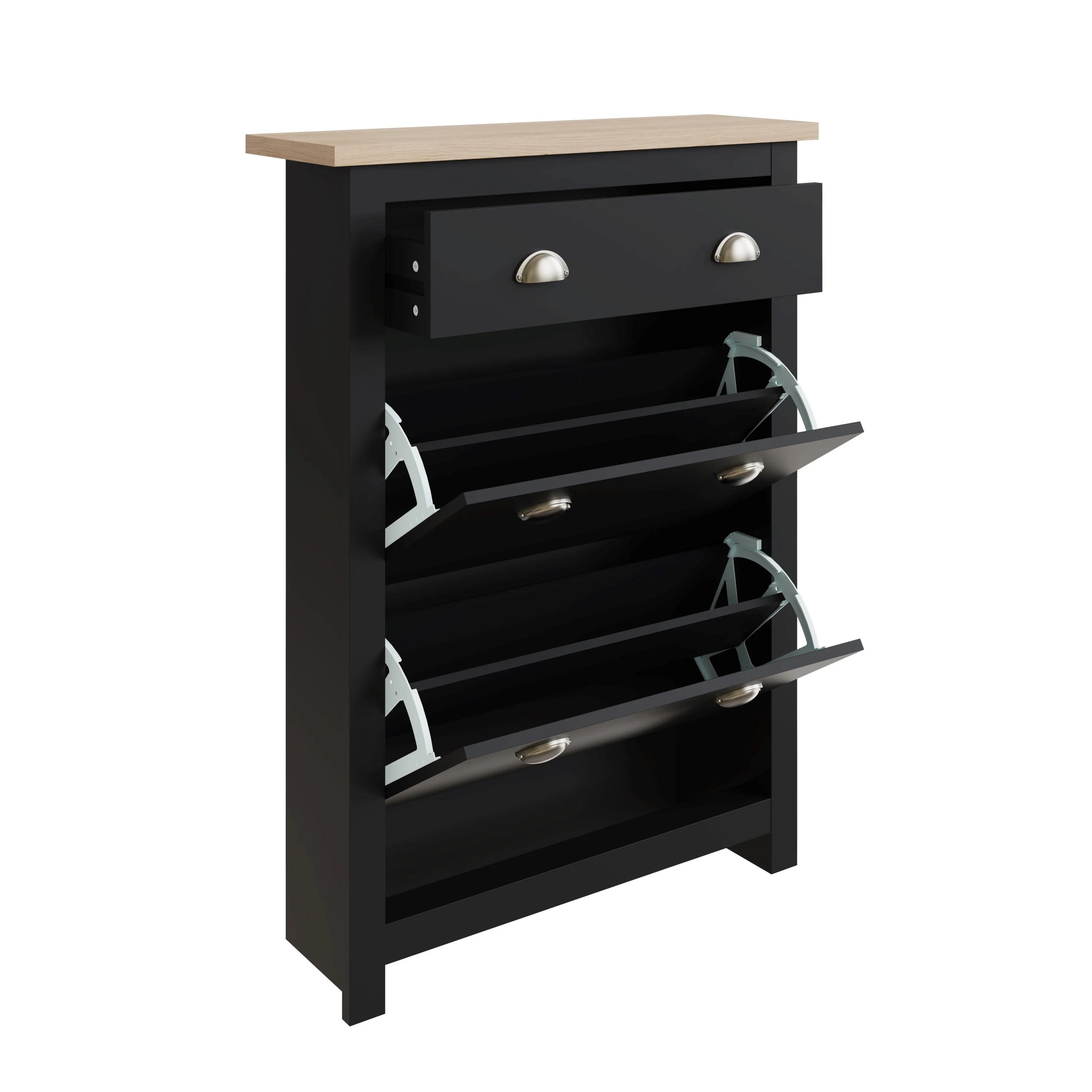 Lancaster Tall Shoe Storage Black 2 Doors 4 Shelves 1 Drawer - Image 2