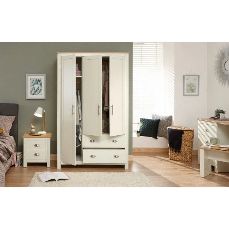 Lancaster Tall Wardrobe Cream 3 Doors 1 Shelf 2 Drawers - Image 2