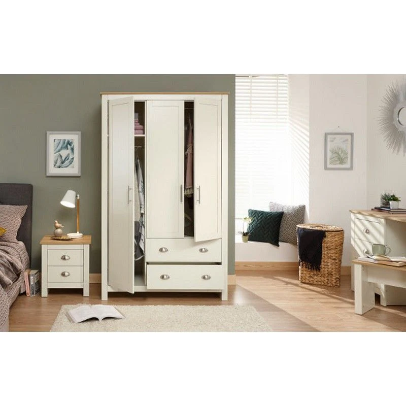 Lancaster Tall Wardrobe Cream 3 Doors 1 Shelf 2 Drawers - Image 3