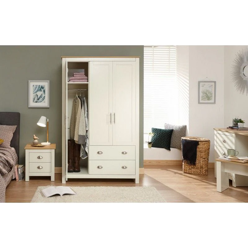 Lancaster Tall Wardrobe Cream 3 Doors 1 Shelf 2 Drawers - Image 4