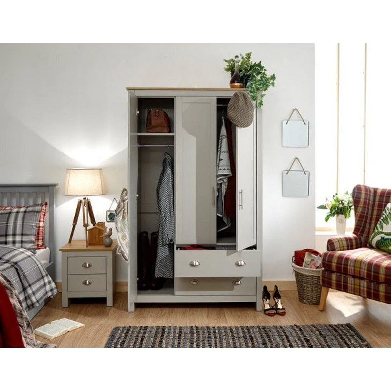 Lancaster Tall Wardrobe Grey 3 Doors 1 Shelf 2 Drawers - Image 2