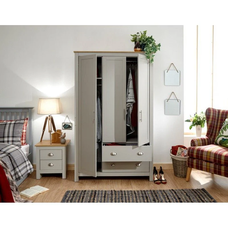 Lancaster Tall Wardrobe Grey 3 Doors 1 Shelf 2 Drawers - Image 3