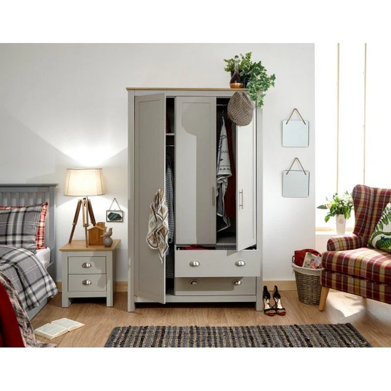 Lancaster Tall Wardrobe Grey 3 Doors 1 Shelf 2 Drawers - Image 4